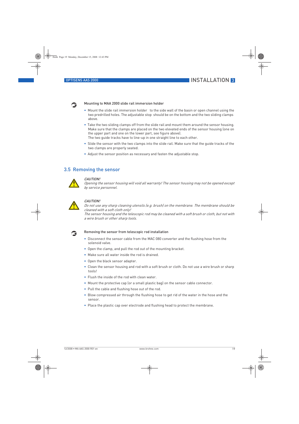 Installation, 5 removing the sensor | KROHNE OPTISENS AAS 2000 EN User Manual | Page 19 / 40