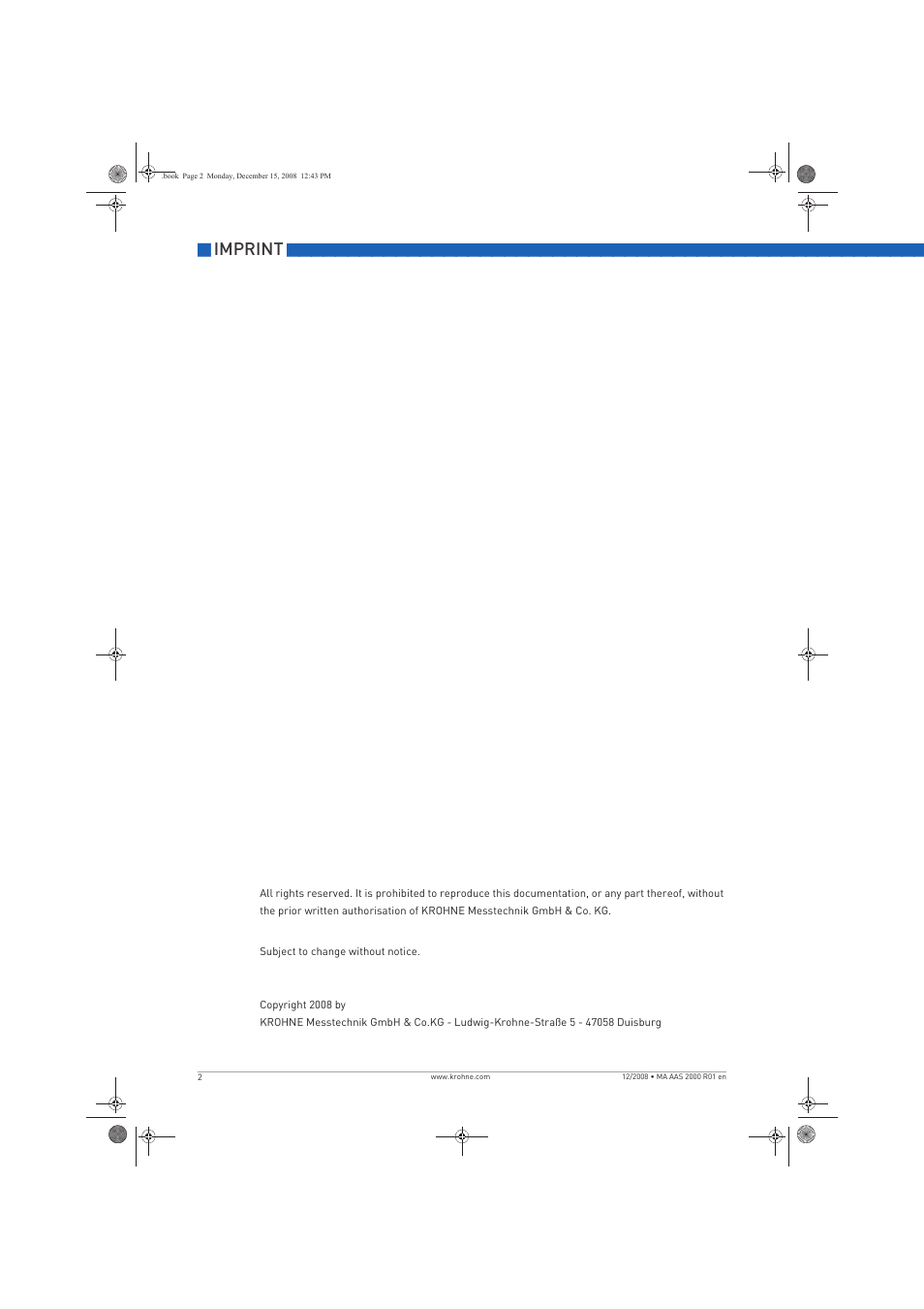 Imprint | KROHNE OPTISENS AAS 2000 EN User Manual | Page 2 / 40