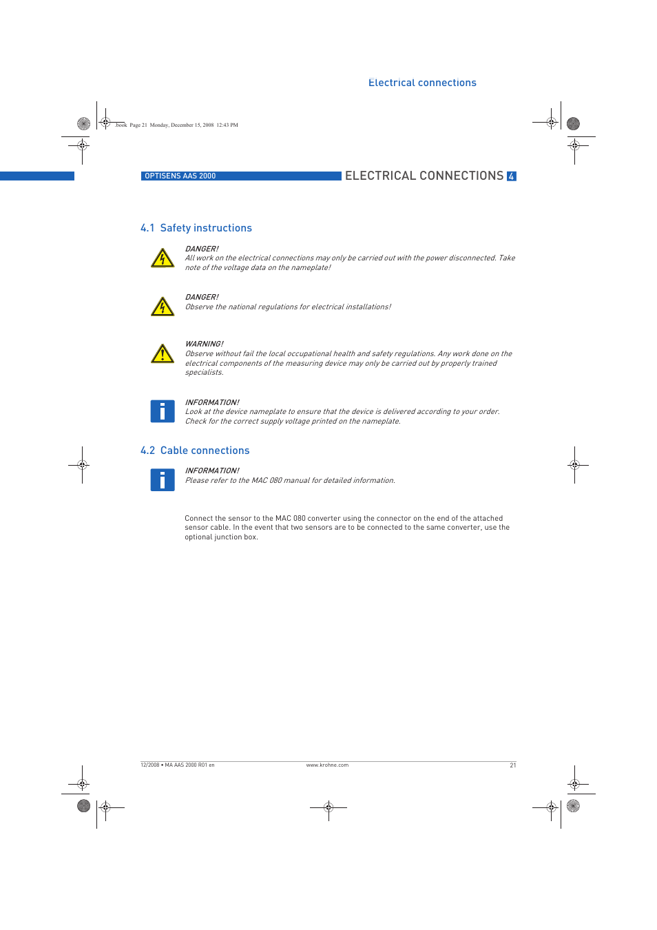 Electrical connections | KROHNE OPTISENS AAS 2000 EN User Manual | Page 21 / 40