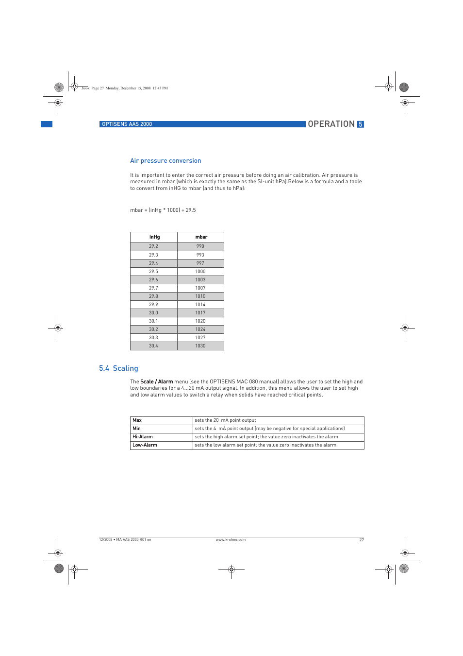 Operation, 4 scaling | KROHNE OPTISENS AAS 2000 EN User Manual | Page 27 / 40