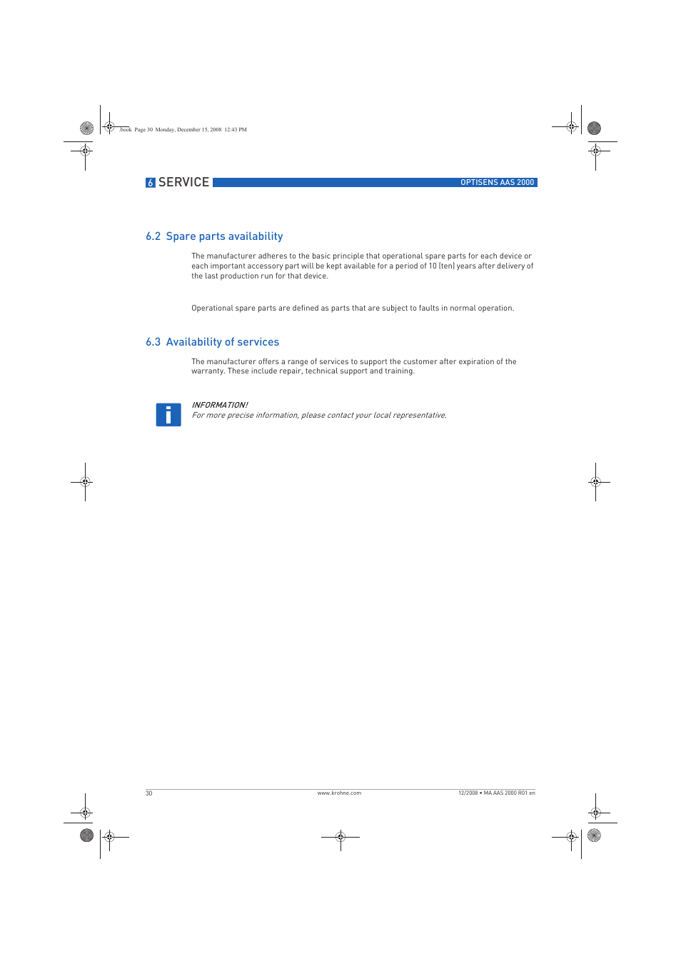Service, 2 spare parts availability, 3 availability of services | KROHNE OPTISENS AAS 2000 EN User Manual | Page 30 / 40