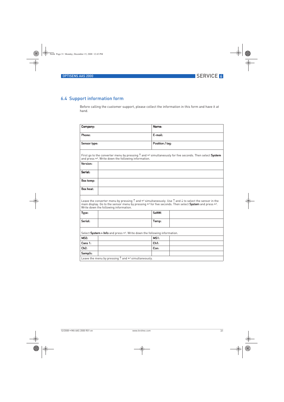 Service, 4 support information form | KROHNE OPTISENS AAS 2000 EN User Manual | Page 31 / 40