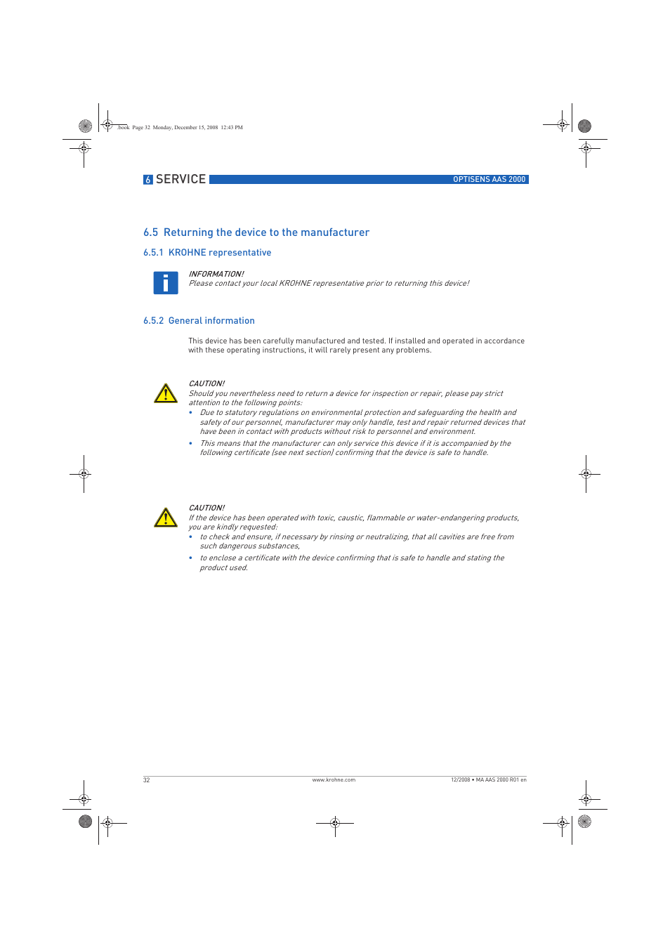 Service, 5 returning the device to the manufacturer | KROHNE OPTISENS AAS 2000 EN User Manual | Page 32 / 40