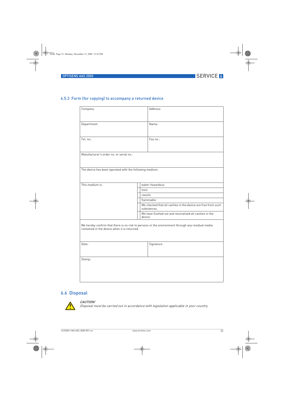 Service, 6 disposal | KROHNE OPTISENS AAS 2000 EN User Manual | Page 33 / 40