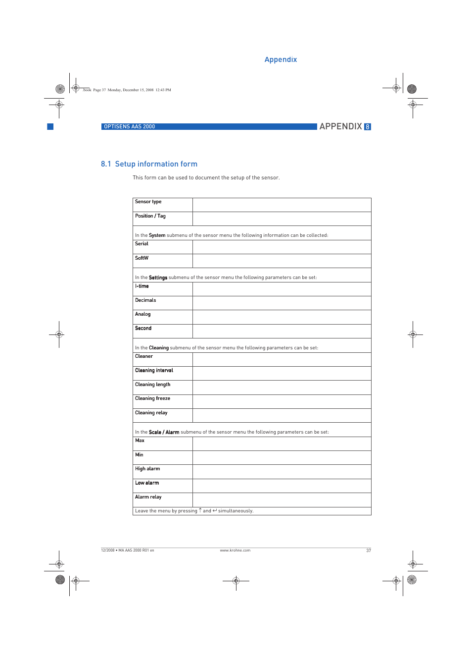 Appendix, Appendix 8.1 setup information form | KROHNE OPTISENS AAS 2000 EN User Manual | Page 37 / 40