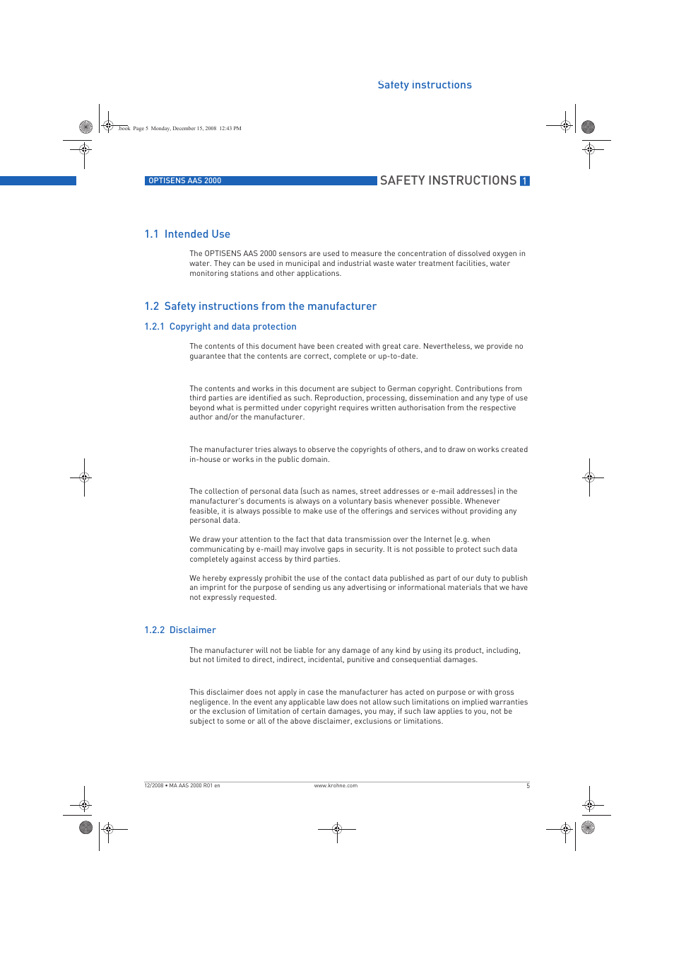 Safety instructions | KROHNE OPTISENS AAS 2000 EN User Manual | Page 5 / 40