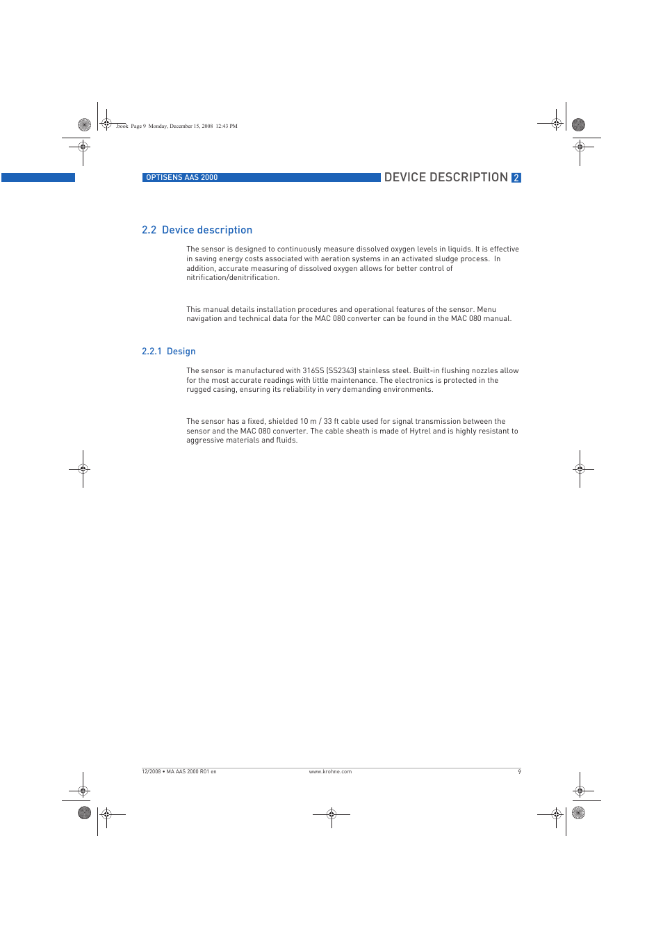 Device description, 2 device description | KROHNE OPTISENS AAS 2000 EN User Manual | Page 9 / 40