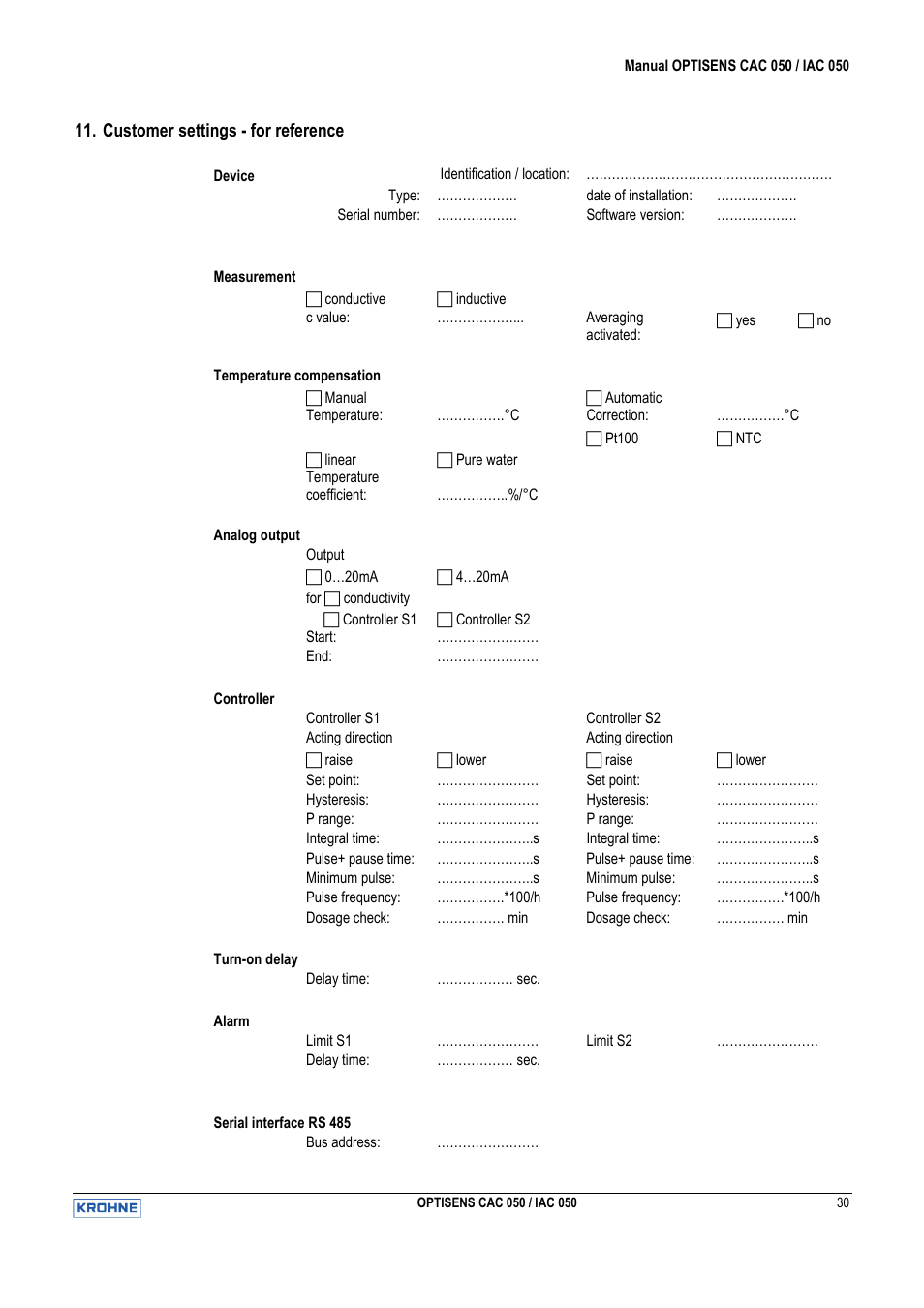 Customer settings - for reference | KROHNE OPTISENS CAC 050 EN User Manual | Page 30 / 30