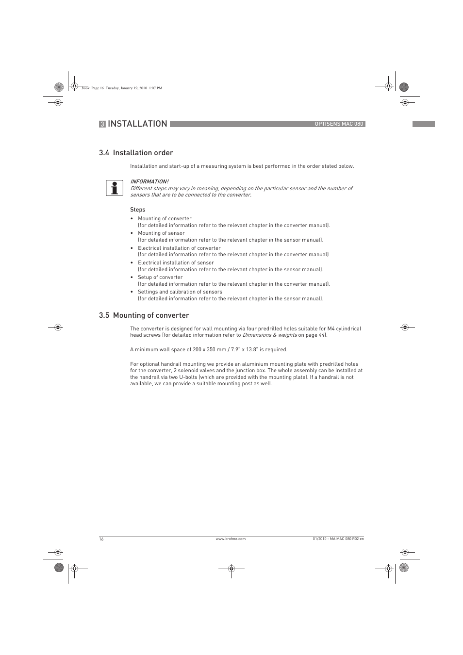 Installation, 4 installation order, 5 mounting of converter | KROHNE OPTISENS MAC 080 EN User Manual | Page 16 / 56