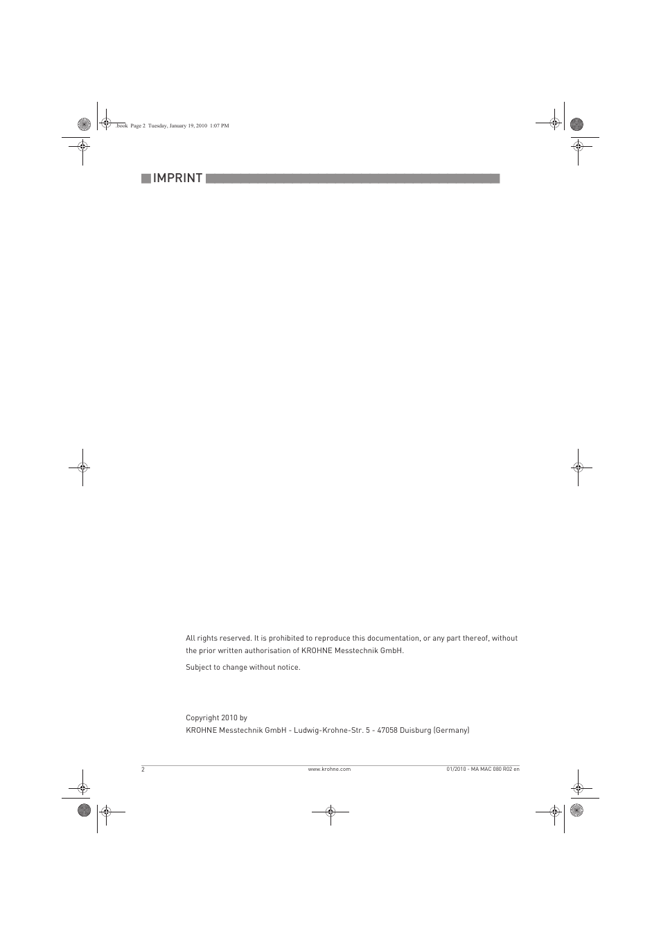 Imprint | KROHNE OPTISENS MAC 080 EN User Manual | Page 2 / 56