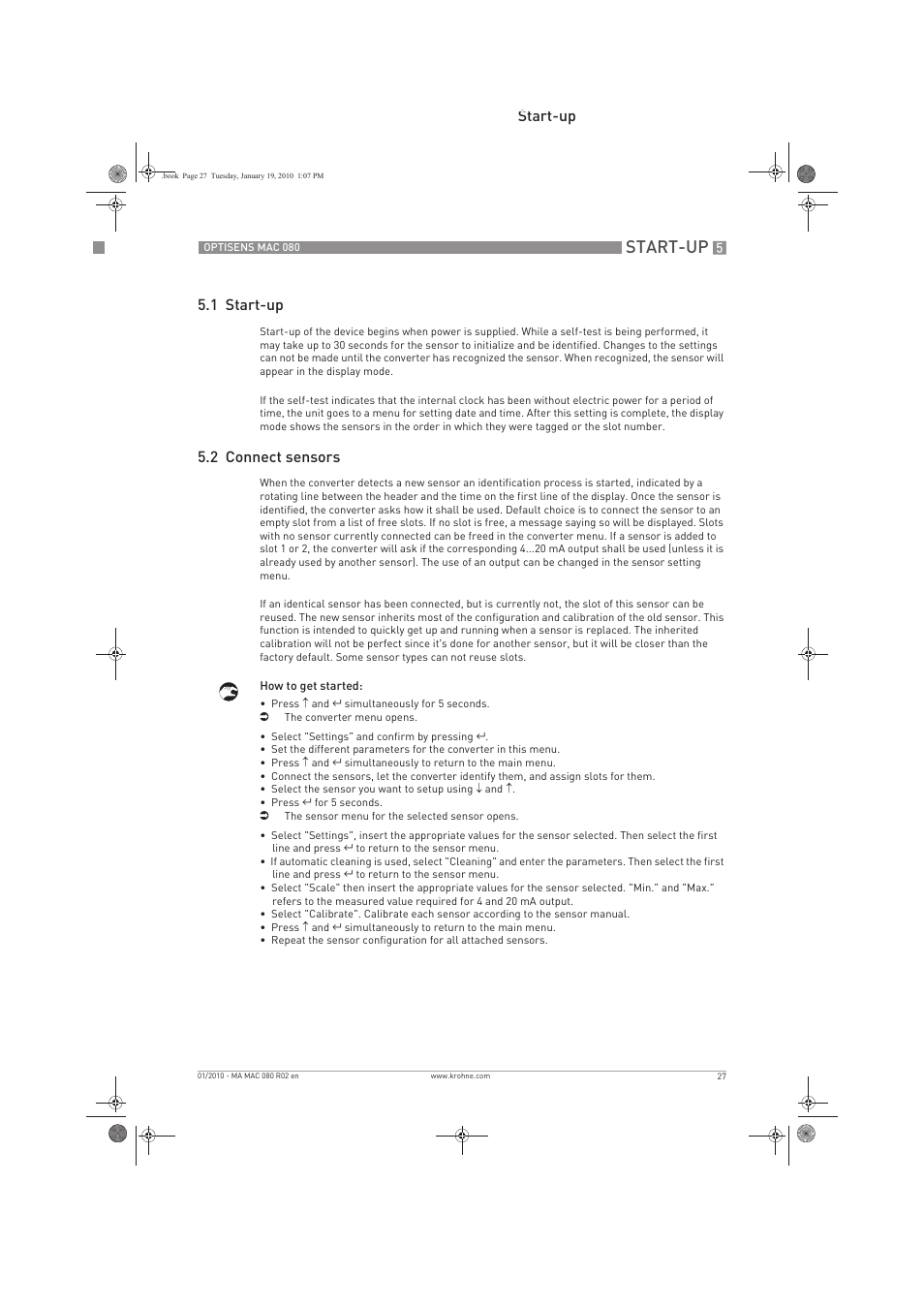 Start-up, Start-up 5.1 start-up, 2 connect sensors | KROHNE OPTISENS MAC 080 EN User Manual | Page 27 / 56