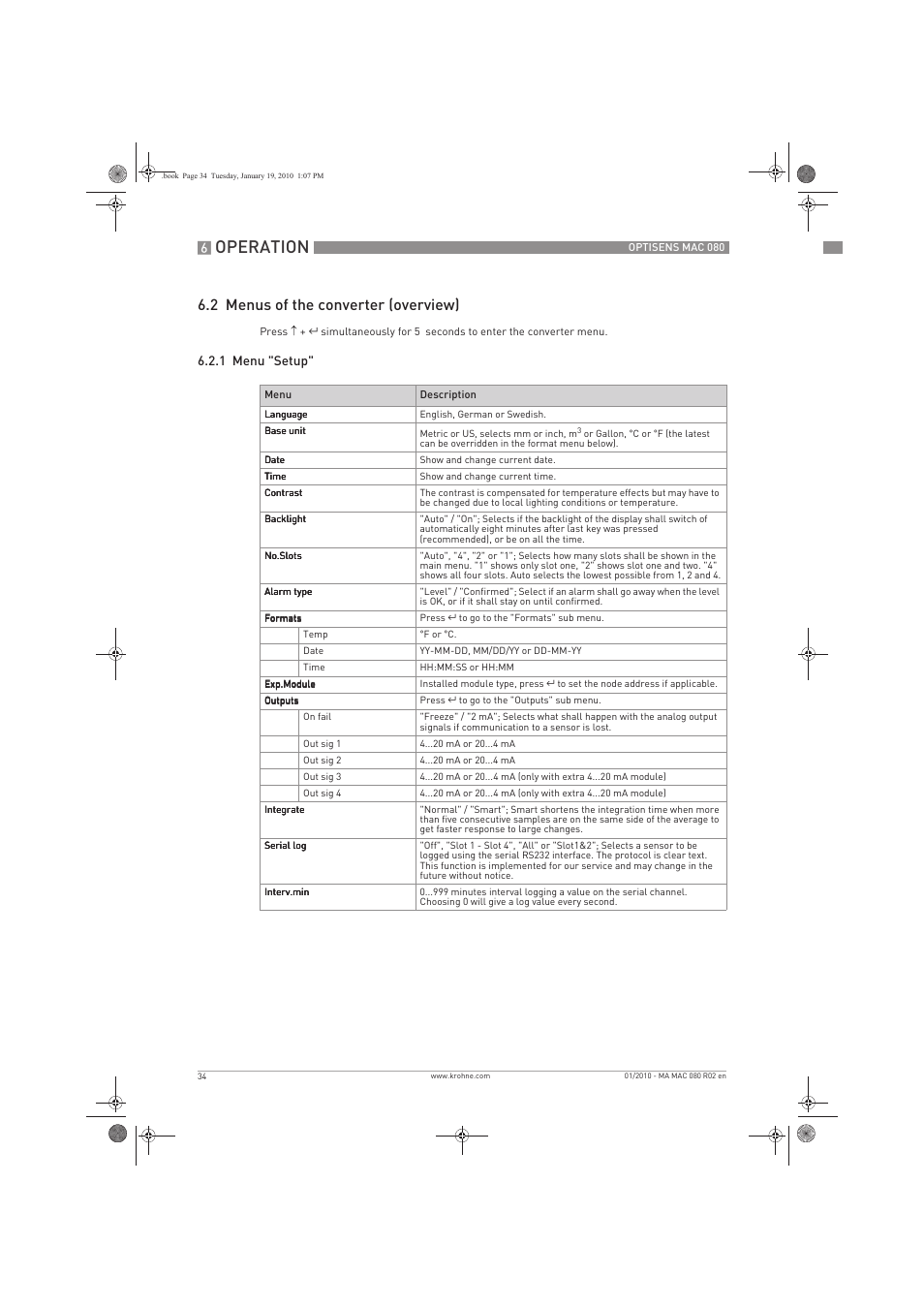 Operation, 2 menus of the converter (overview) | KROHNE OPTISENS MAC 080 EN User Manual | Page 34 / 56