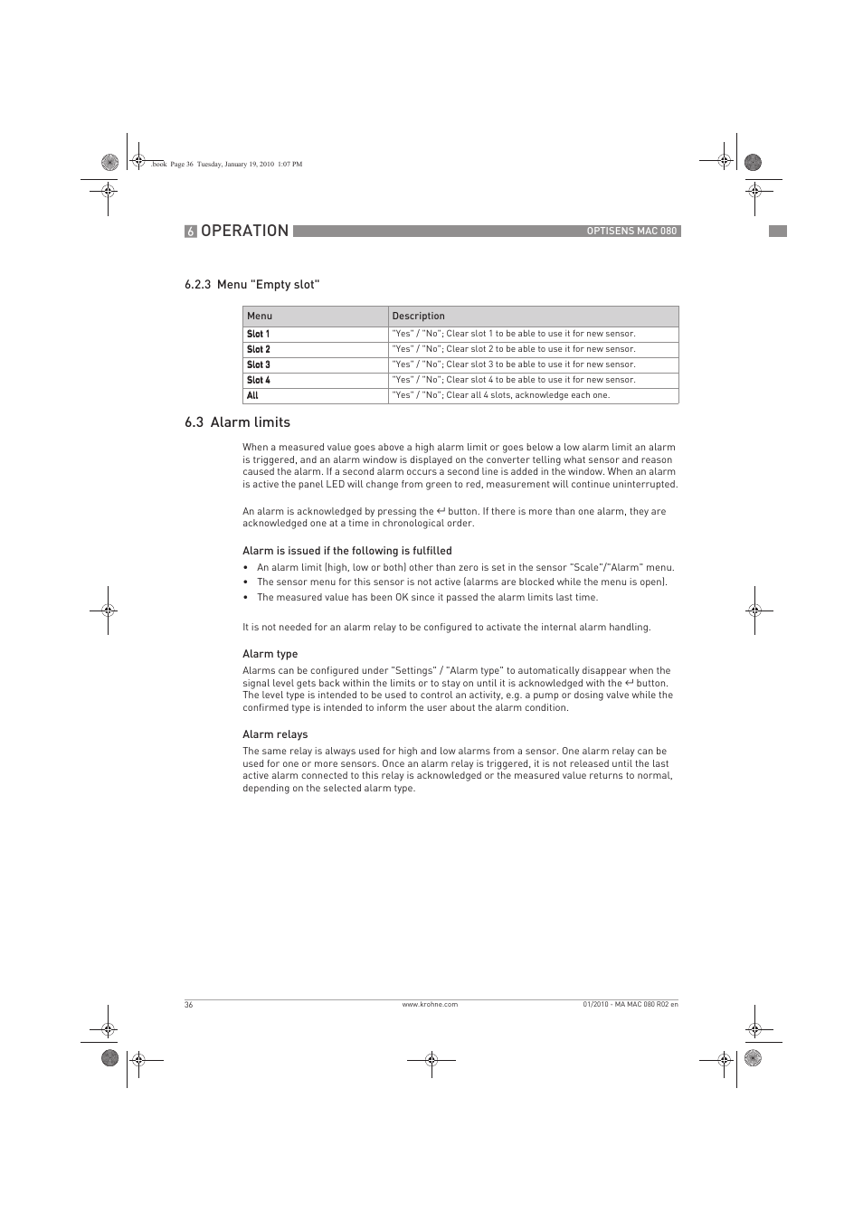 Operation, 3 alarm limits | KROHNE OPTISENS MAC 080 EN User Manual | Page 36 / 56