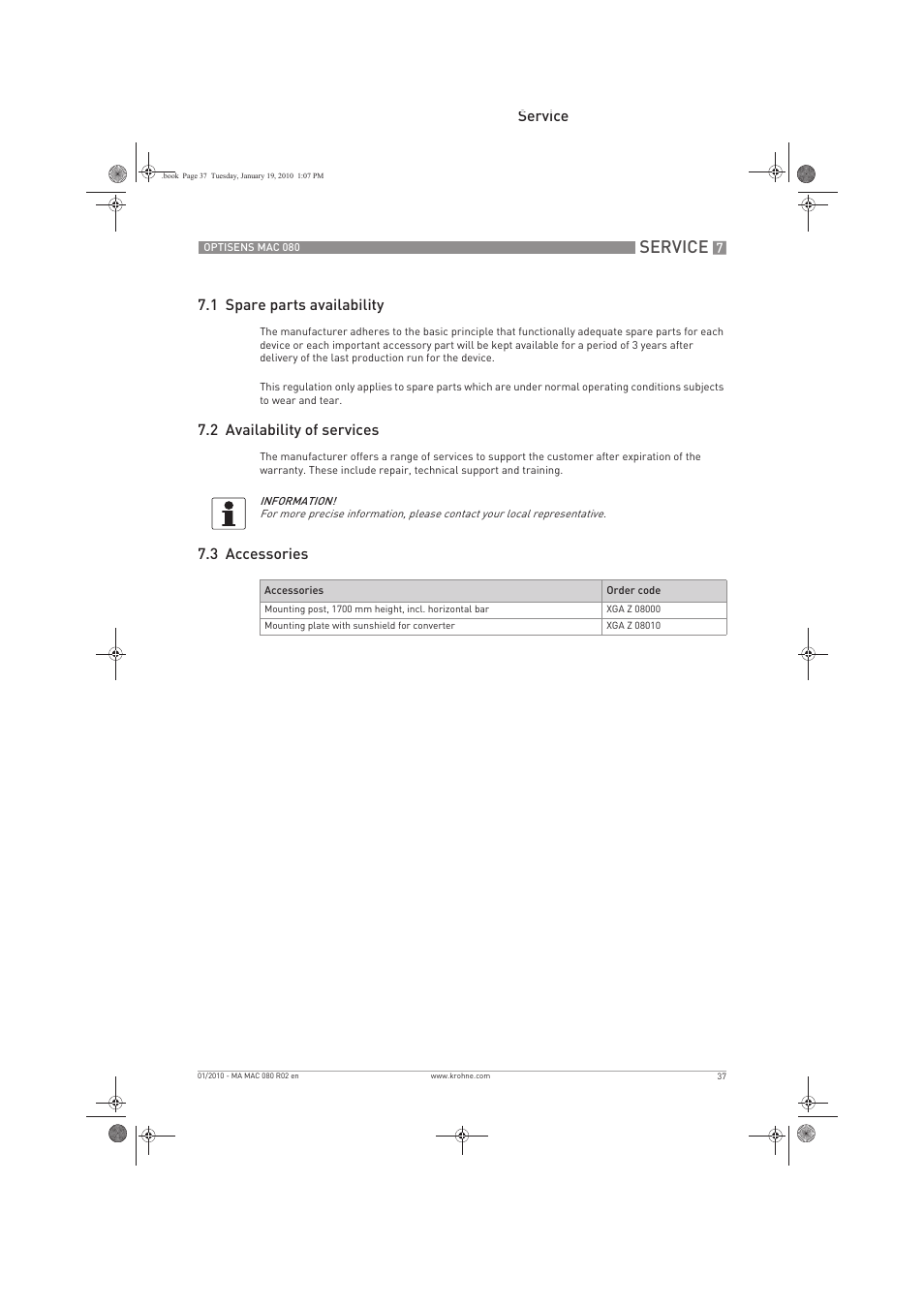 Service, Service 7.1 spare parts availability, 2 availability of services | 3 accessories | KROHNE OPTISENS MAC 080 EN User Manual | Page 37 / 56