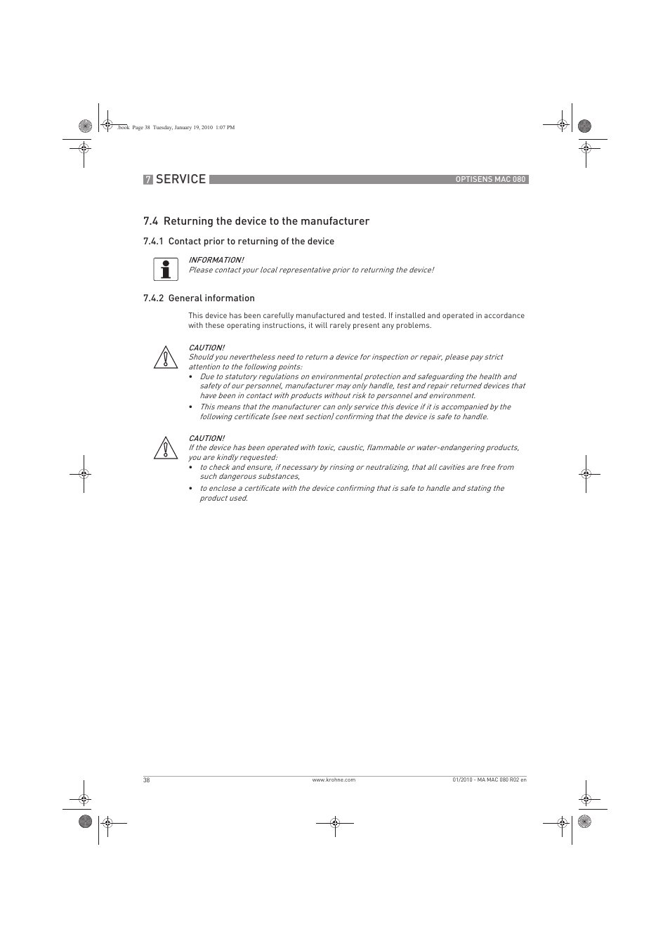 Service, 4 returning the device to the manufacturer | KROHNE OPTISENS MAC 080 EN User Manual | Page 38 / 56