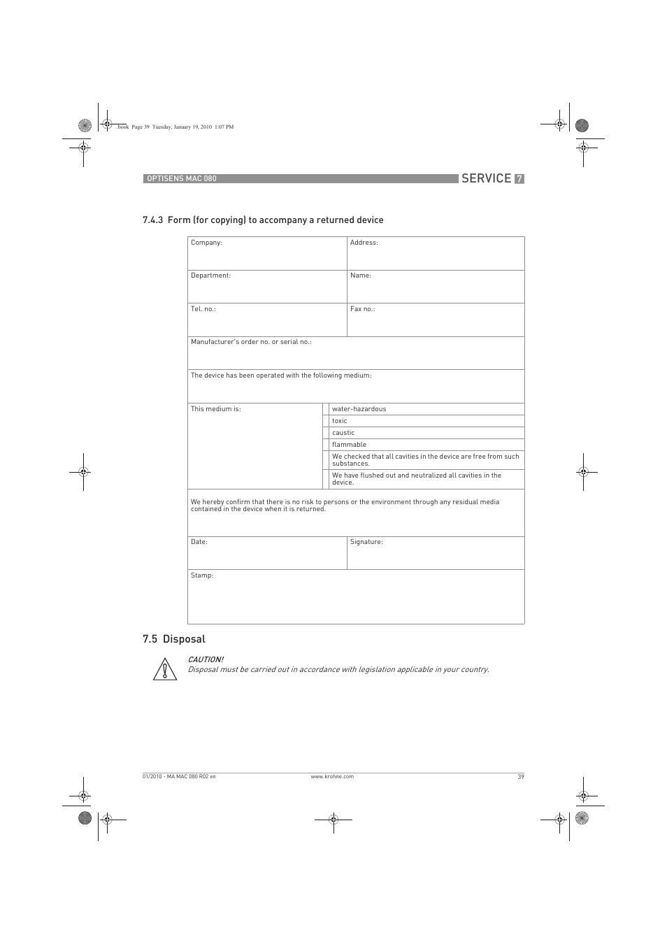 Service, 5 disposal | KROHNE OPTISENS MAC 080 EN User Manual | Page 39 / 56