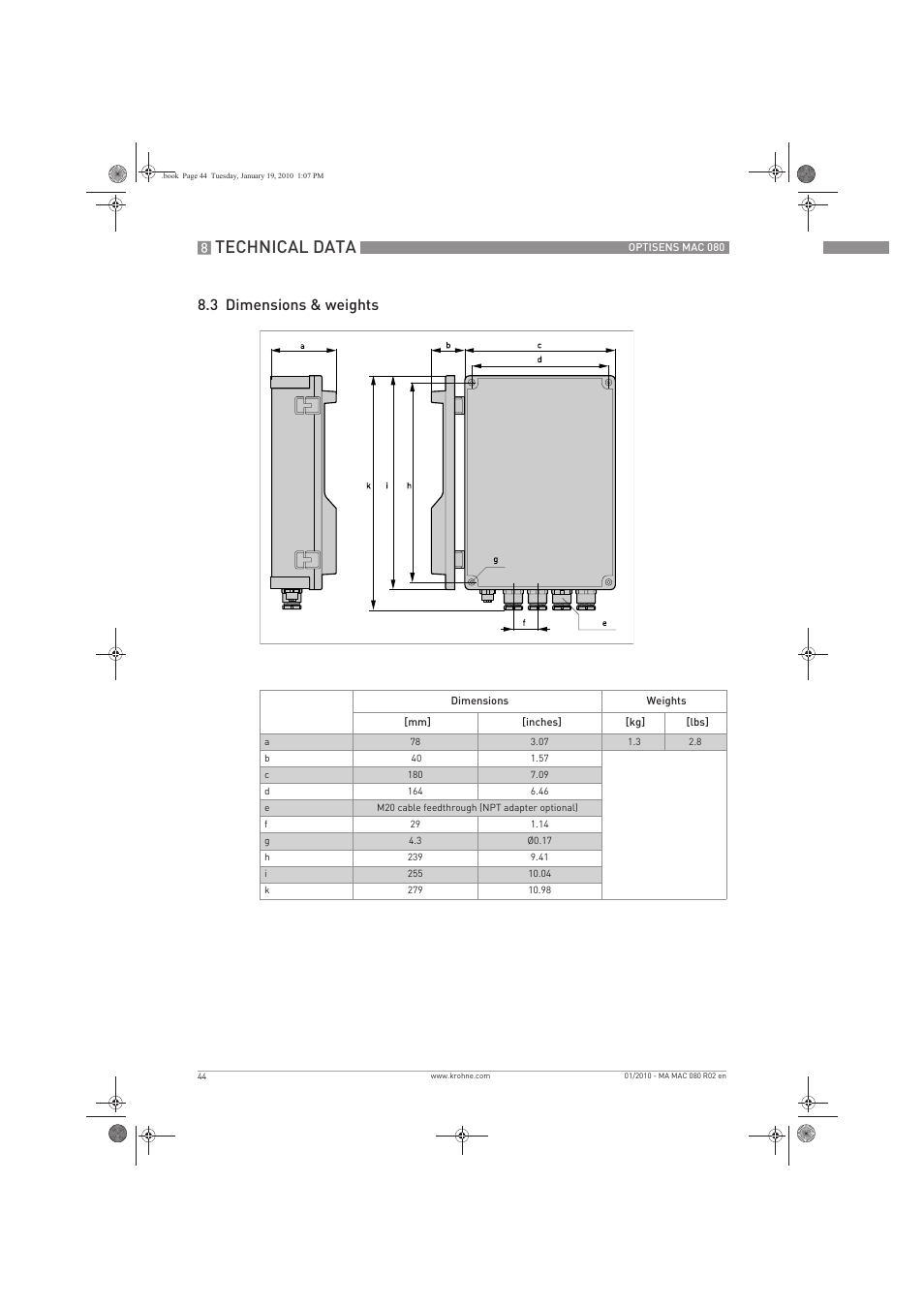 Technical data, 3 dimensions & weights | KROHNE OPTISENS MAC 080 EN User Manual | Page 44 / 56