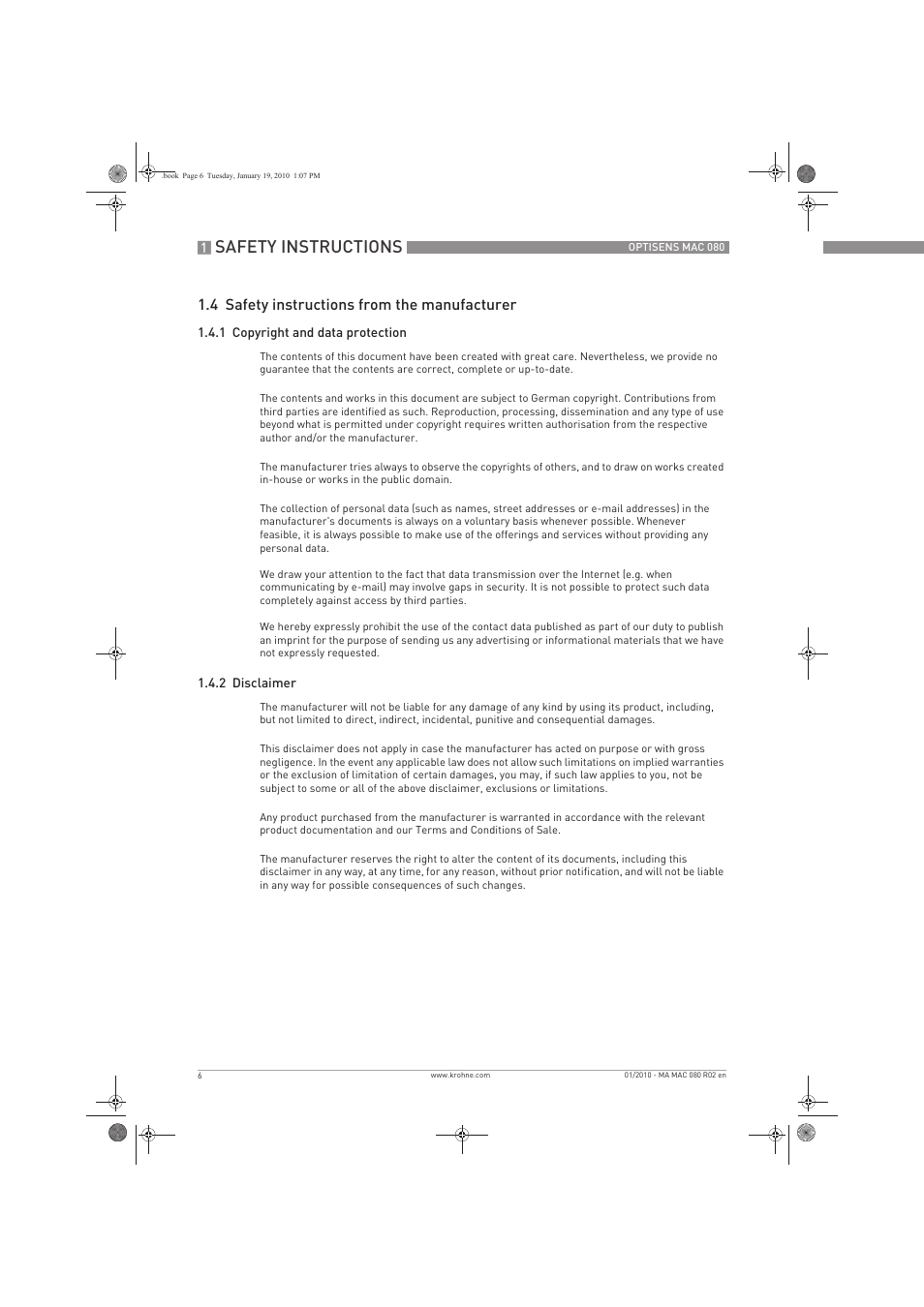 Safety instructions, 4 safety instructions from the manufacturer | KROHNE OPTISENS MAC 080 EN User Manual | Page 6 / 56