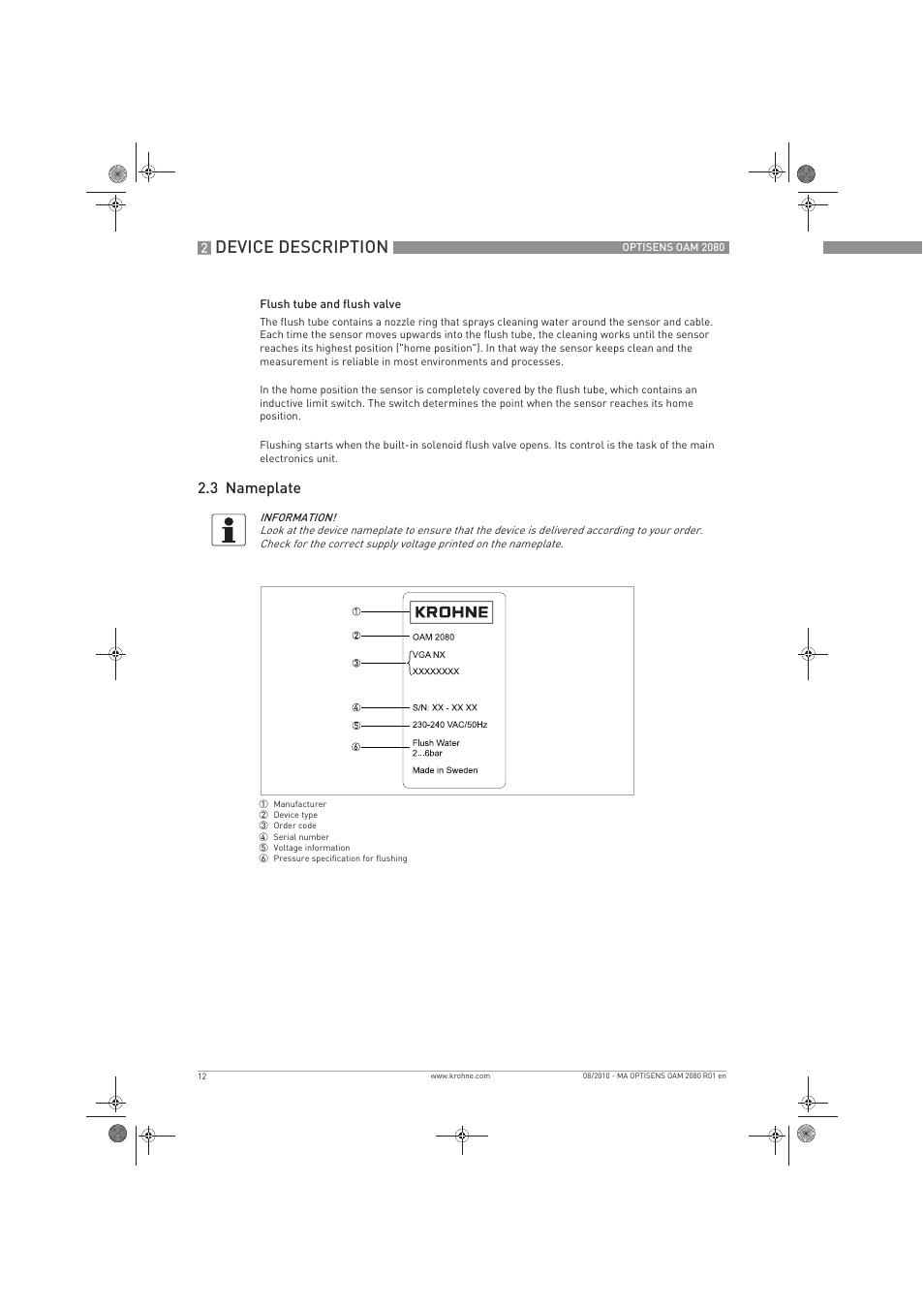 Device description, 3 nameplate | KROHNE OPTISENS OAM 2080 EN User Manual | Page 12 / 44