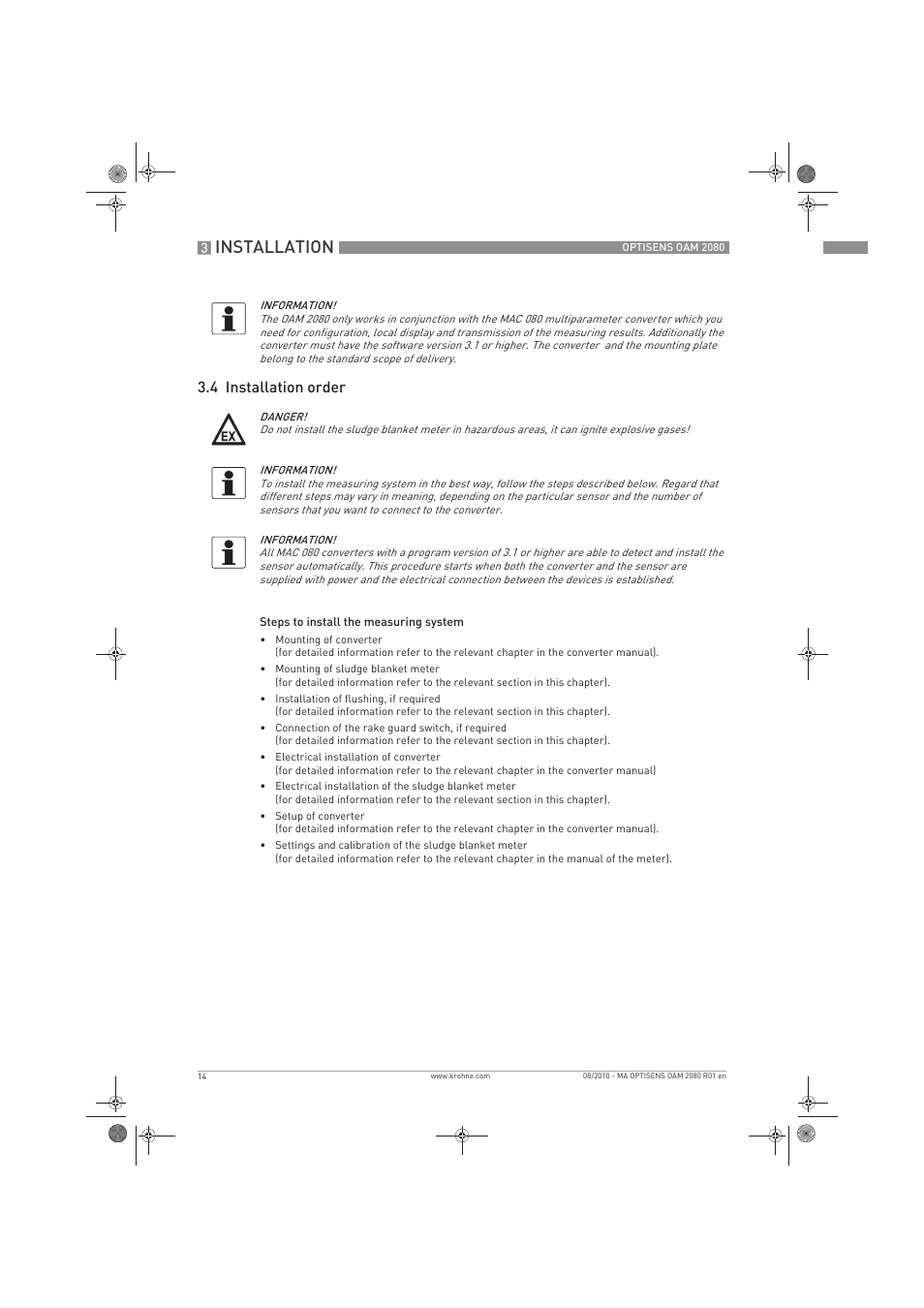 Installation, 4 installation order | KROHNE OPTISENS OAM 2080 EN User Manual | Page 14 / 44