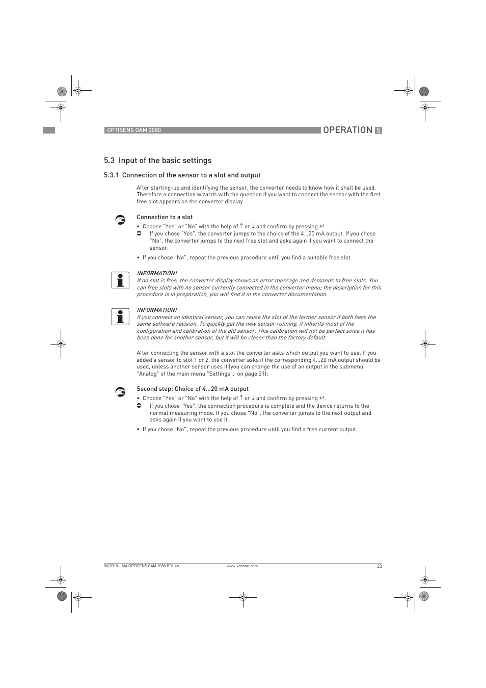 Operation, 3 input of the basic settings | KROHNE OPTISENS OAM 2080 EN User Manual | Page 23 / 44