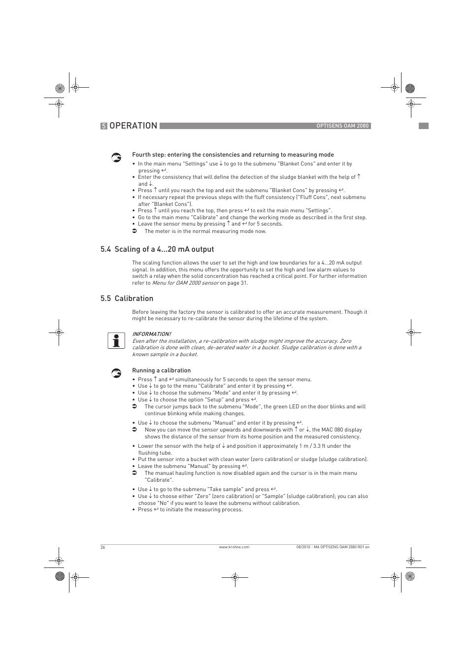 Operation, 4 scaling of a 4 ma output, 5 calibration | KROHNE OPTISENS OAM 2080 EN User Manual | Page 26 / 44
