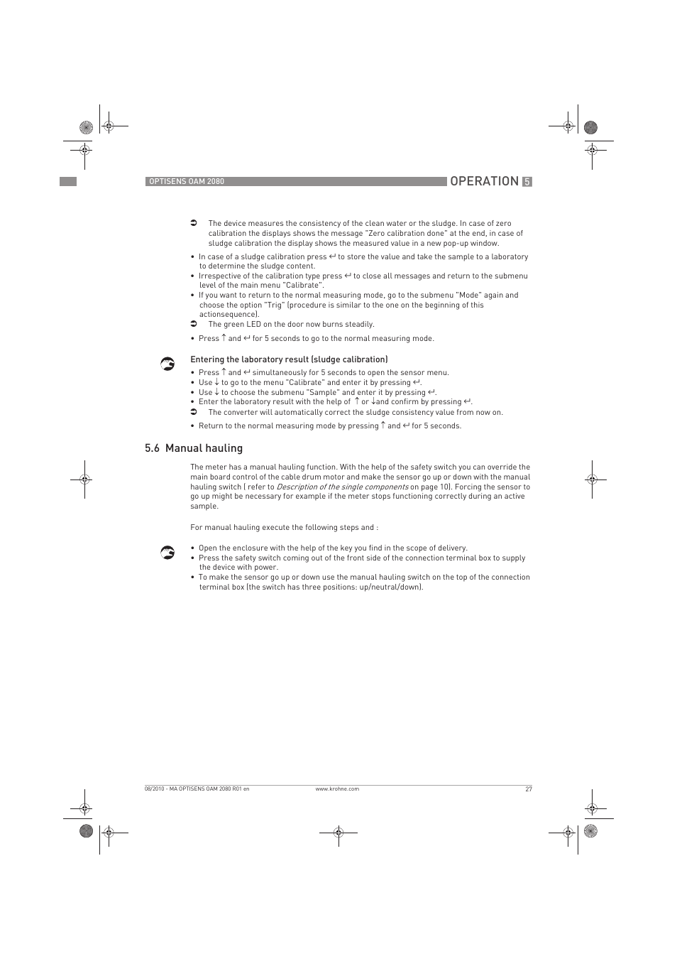 Operation, 6 manual hauling | KROHNE OPTISENS OAM 2080 EN User Manual | Page 27 / 44