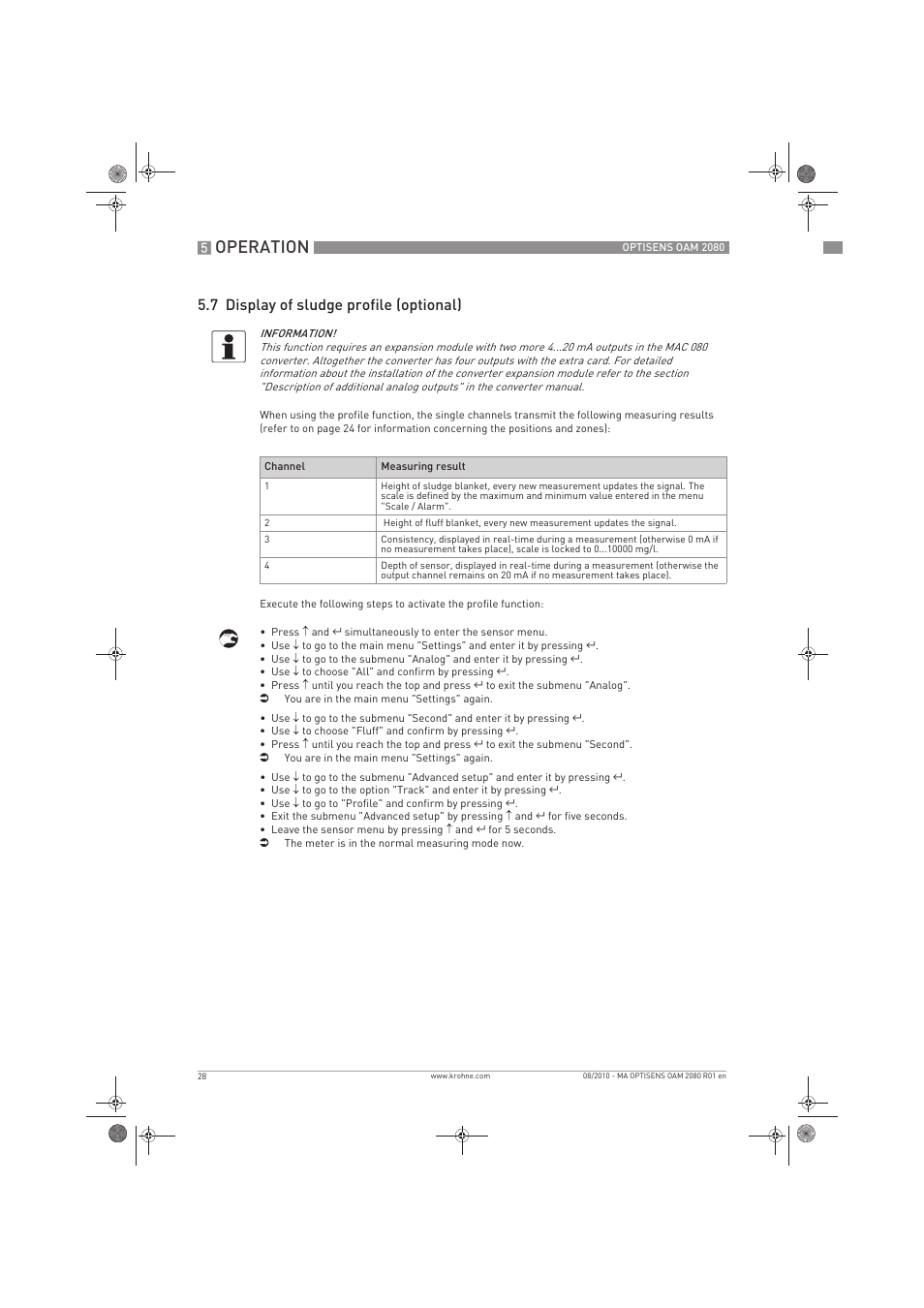 Operation, 7 display of sludge profile (optional) | KROHNE OPTISENS OAM 2080 EN User Manual | Page 28 / 44