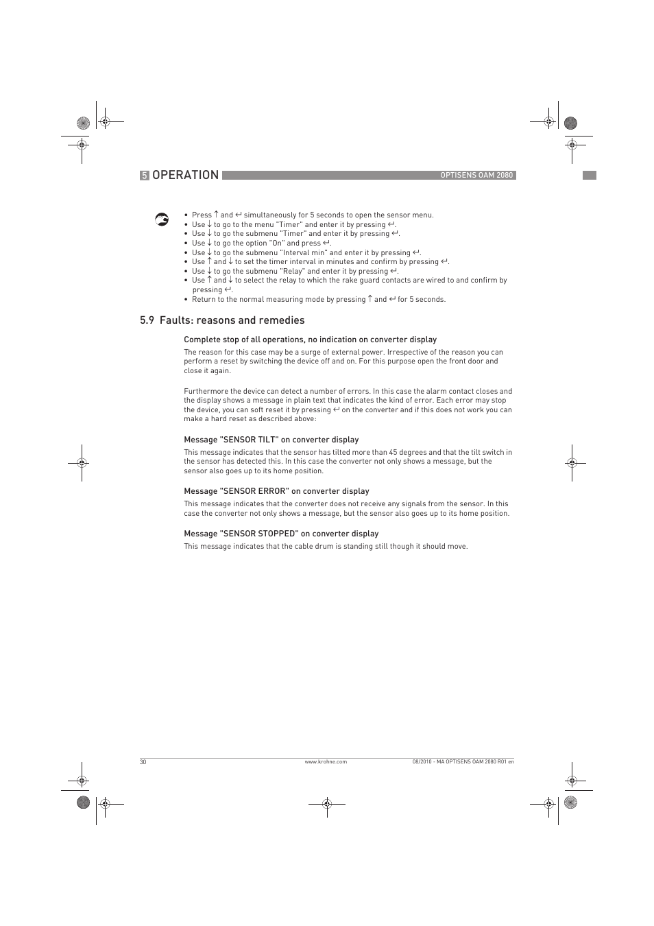 Operation, 9 faults: reasons and remedies | KROHNE OPTISENS OAM 2080 EN User Manual | Page 30 / 44