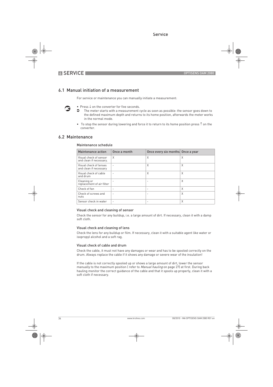 Service, Service 6.1 manual initiation of a measurement, 2 maintenance | KROHNE OPTISENS OAM 2080 EN User Manual | Page 34 / 44