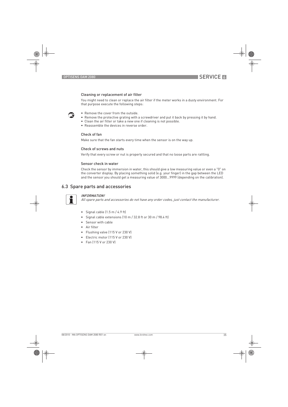 Service, 3 spare parts and accessories | KROHNE OPTISENS OAM 2080 EN User Manual | Page 35 / 44