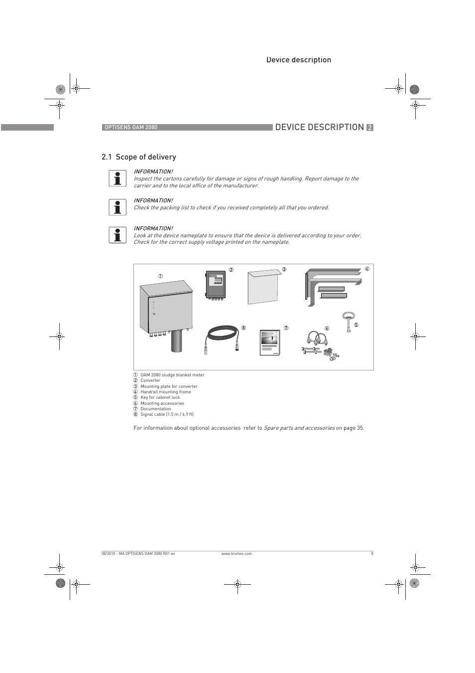 Device description, Device description 2.1 scope of delivery | KROHNE OPTISENS OAM 2080 EN User Manual | Page 9 / 44
