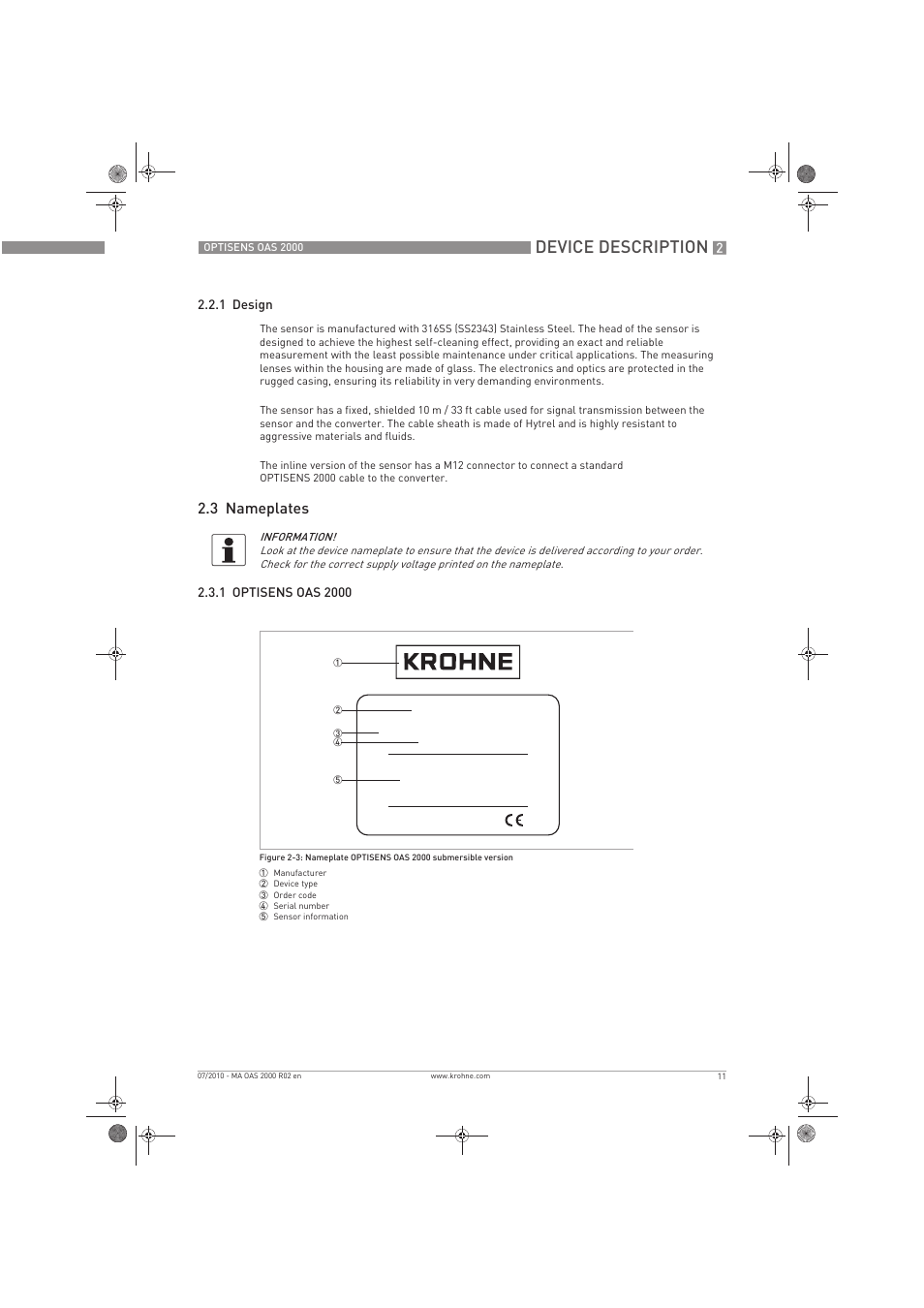Device description, 3 nameplates | KROHNE OPTISENS OAS 2000 EN User Manual | Page 11 / 48