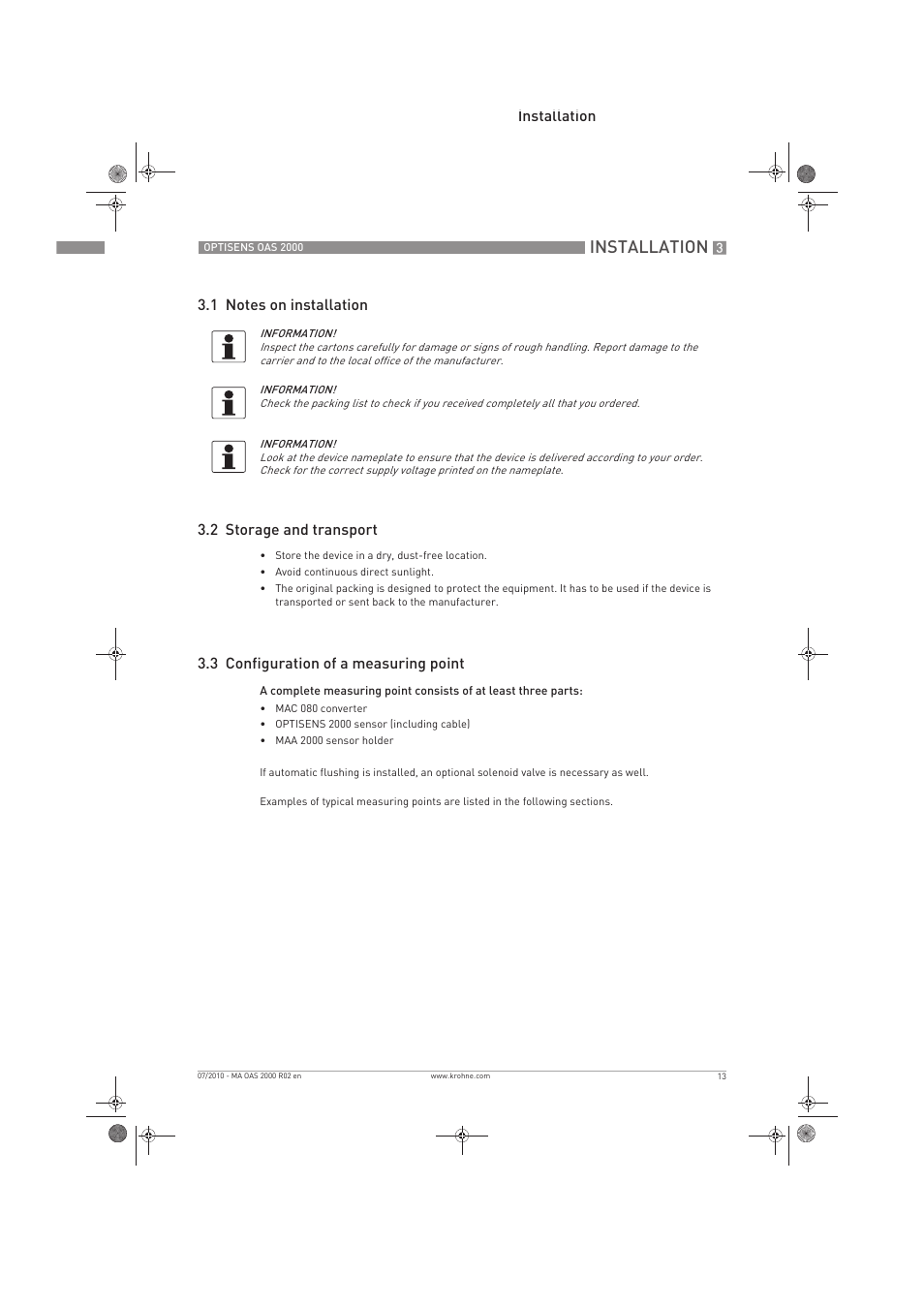 Installation | KROHNE OPTISENS OAS 2000 EN User Manual | Page 13 / 48