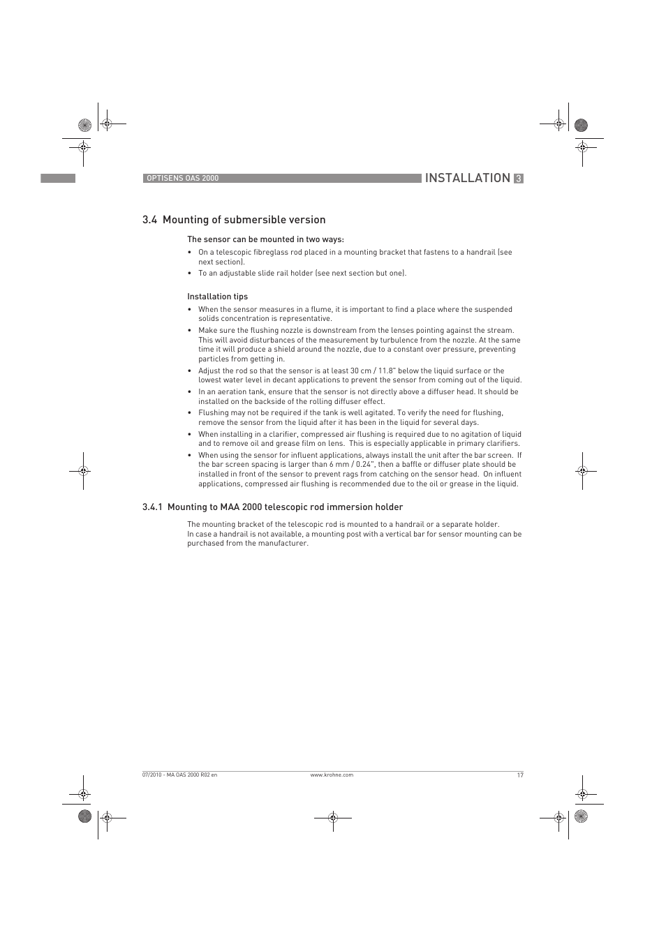 Installation, 4 mounting of submersible version | KROHNE OPTISENS OAS 2000 EN User Manual | Page 17 / 48