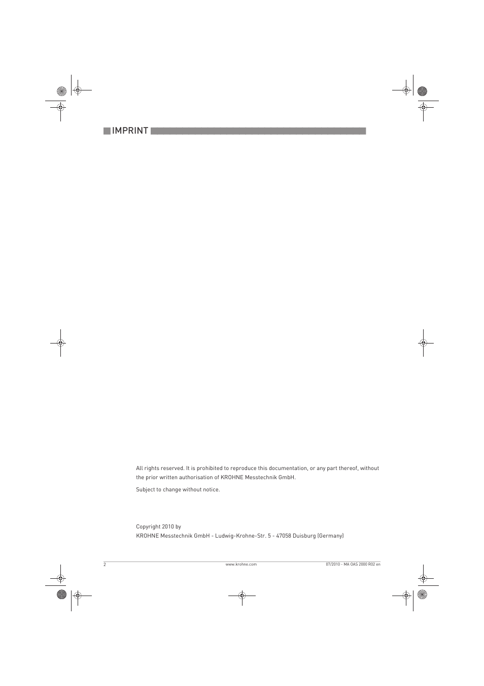 Imprint | KROHNE OPTISENS OAS 2000 EN User Manual | Page 2 / 48