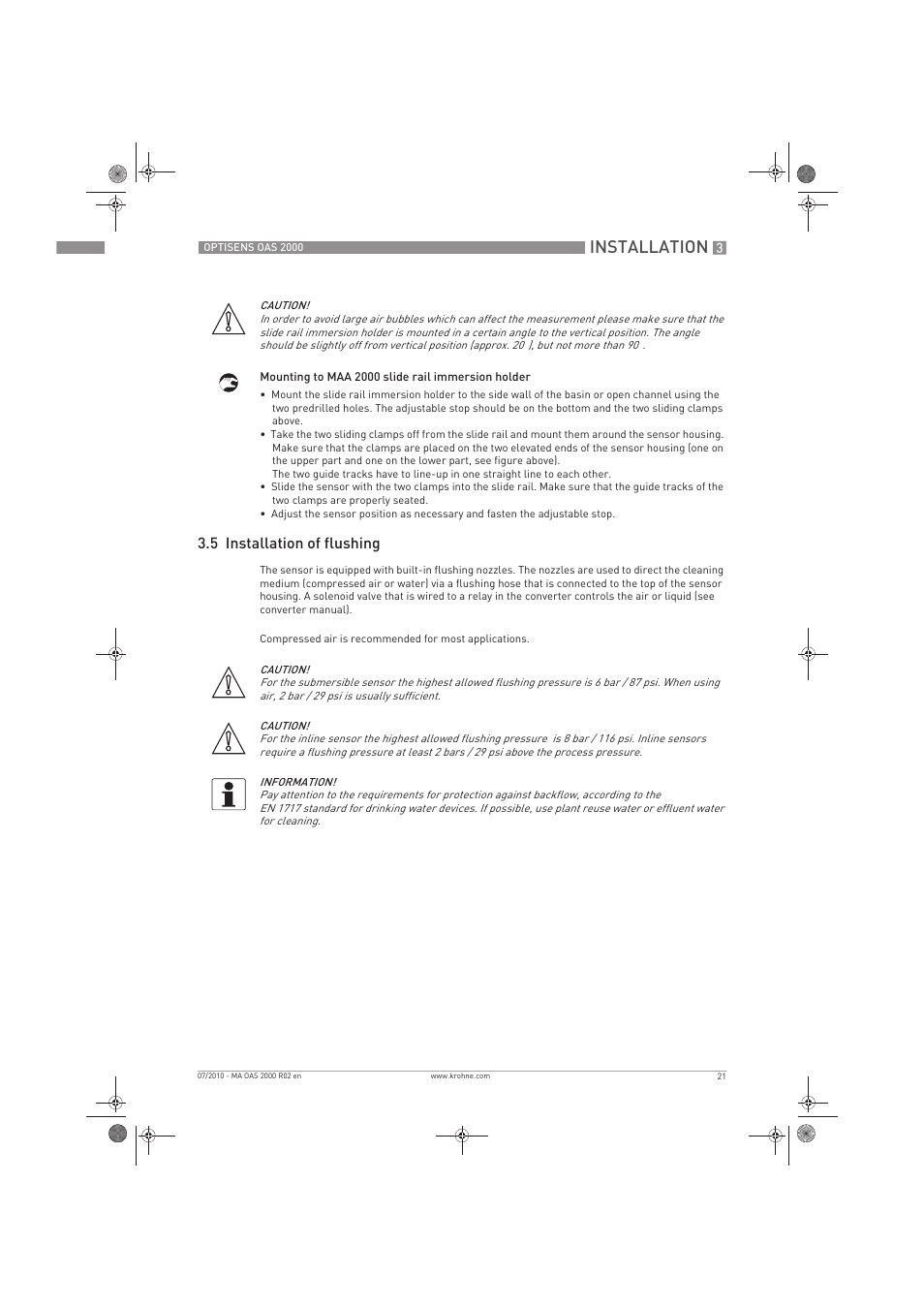 Installation, 5 installation of flushing | KROHNE OPTISENS OAS 2000 EN User Manual | Page 21 / 48