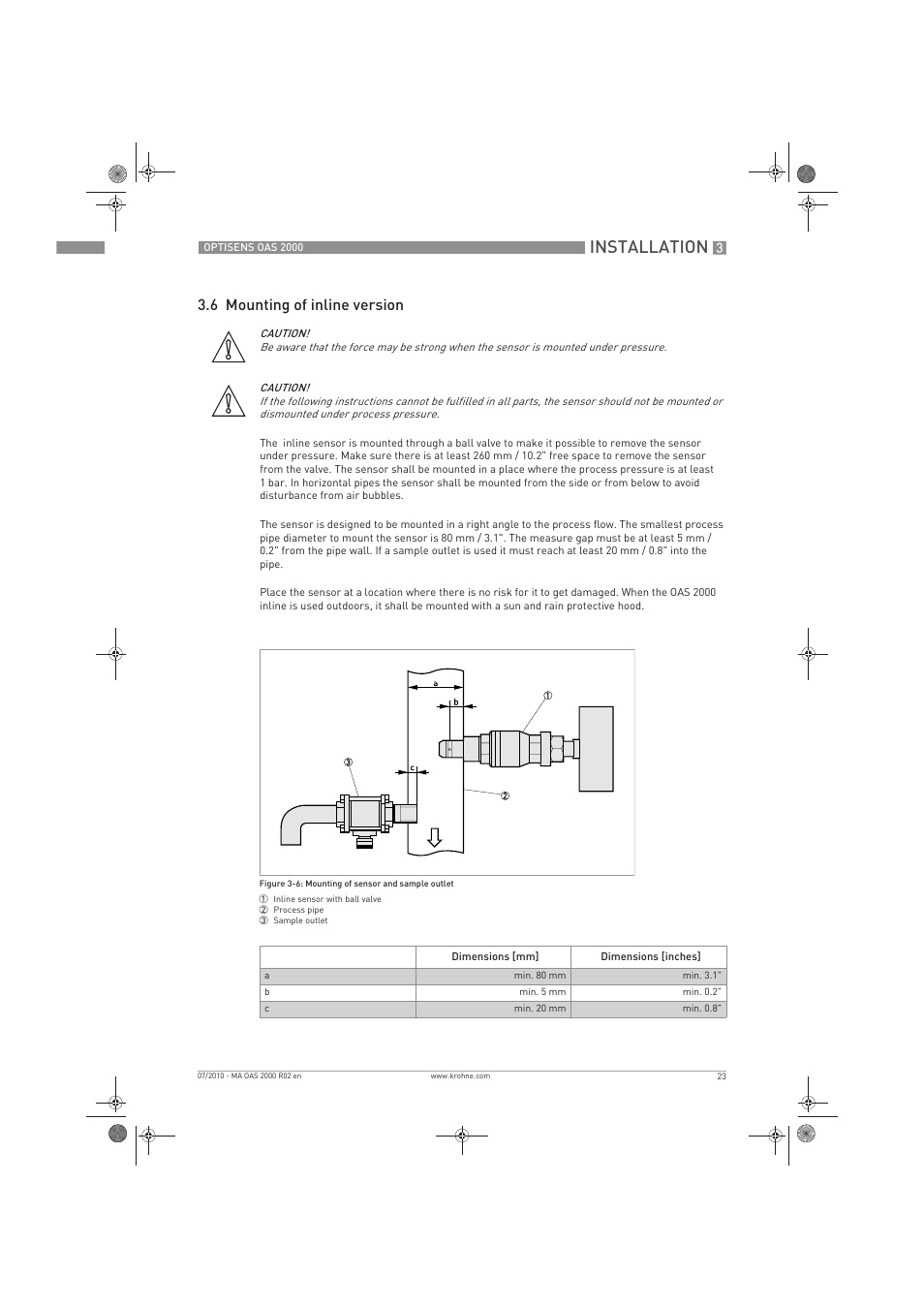 Installation, 6 mounting of inline version | KROHNE OPTISENS OAS 2000 EN User Manual | Page 23 / 48