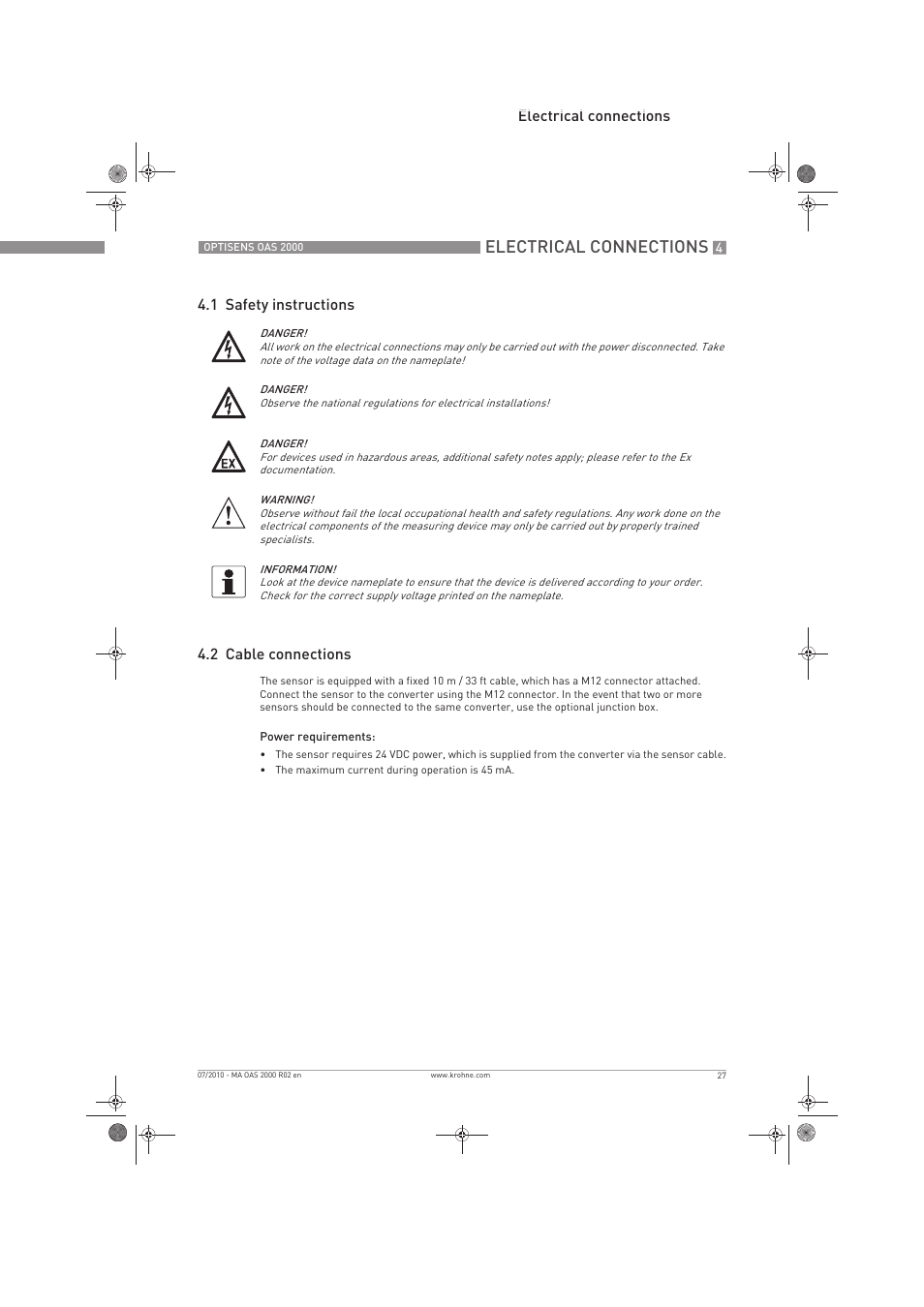 Electrical connections | KROHNE OPTISENS OAS 2000 EN User Manual | Page 27 / 48