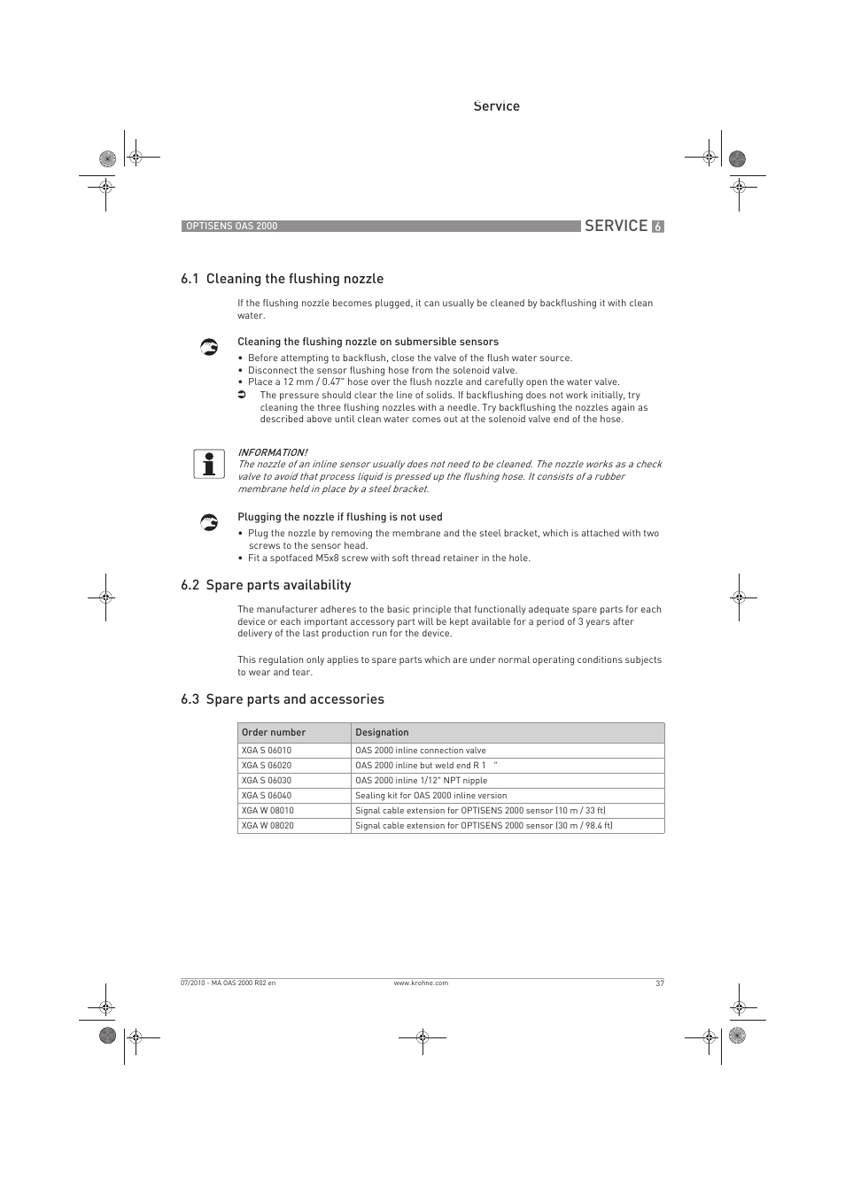 Service, Service 6.1 cleaning the flushing nozzle, 2 spare parts availability | 3 spare parts and accessories | KROHNE OPTISENS OAS 2000 EN User Manual | Page 37 / 48