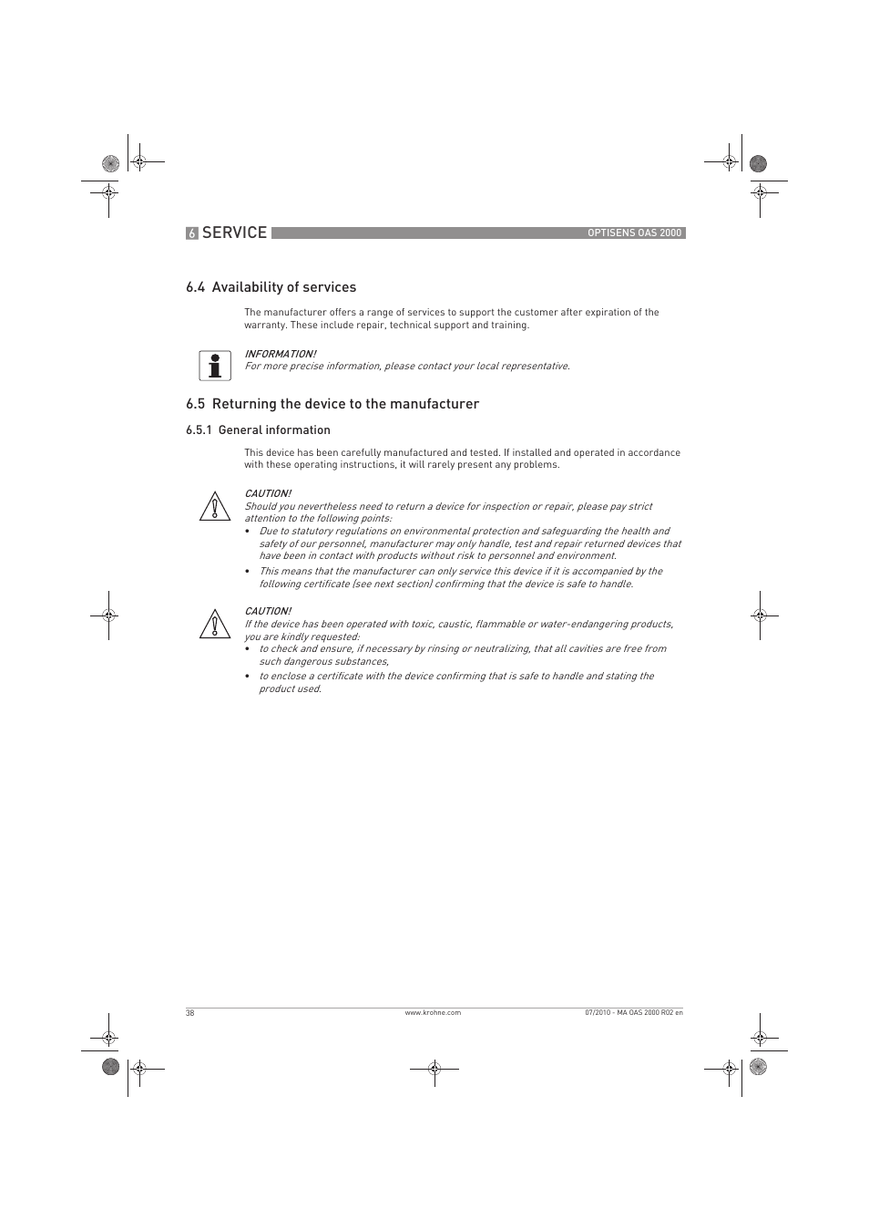 Service, 4 availability of services, 5 returning the device to the manufacturer | KROHNE OPTISENS OAS 2000 EN User Manual | Page 38 / 48