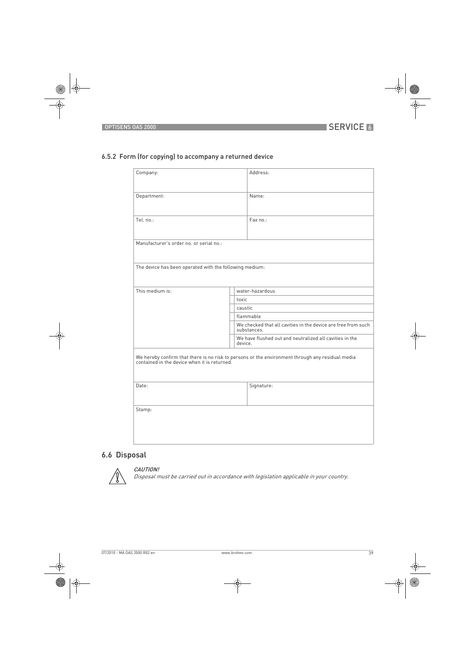 Service, 6 disposal | KROHNE OPTISENS OAS 2000 EN User Manual | Page 39 / 48