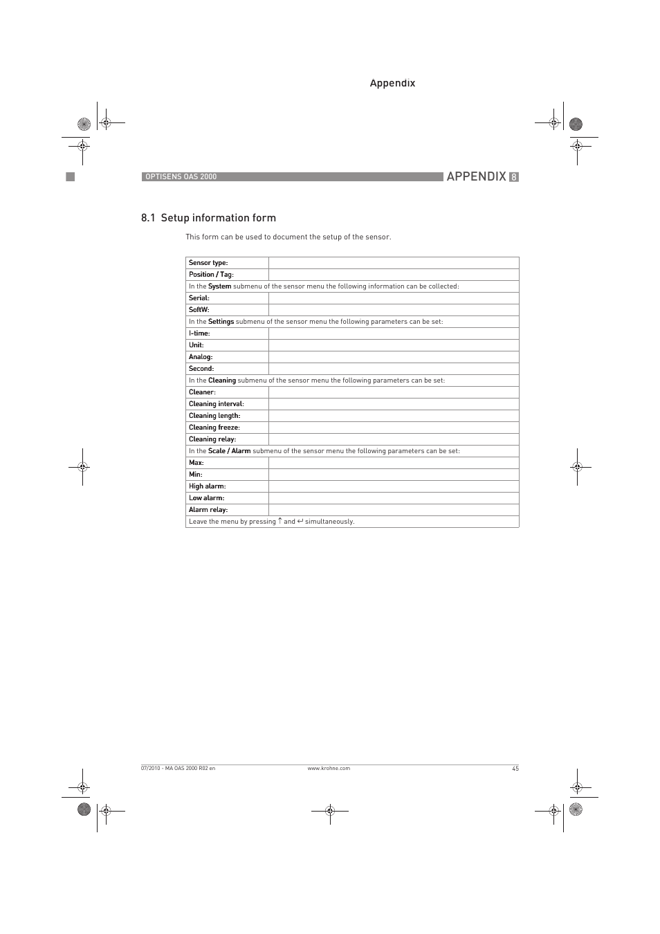 Appendix, Appendix 8.1 setup information form | KROHNE OPTISENS OAS 2000 EN User Manual | Page 45 / 48