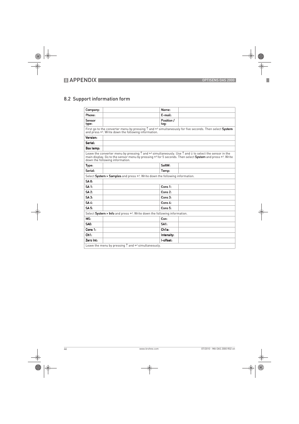 Appendix, 2 support information form | KROHNE OPTISENS OAS 2000 EN User Manual | Page 46 / 48