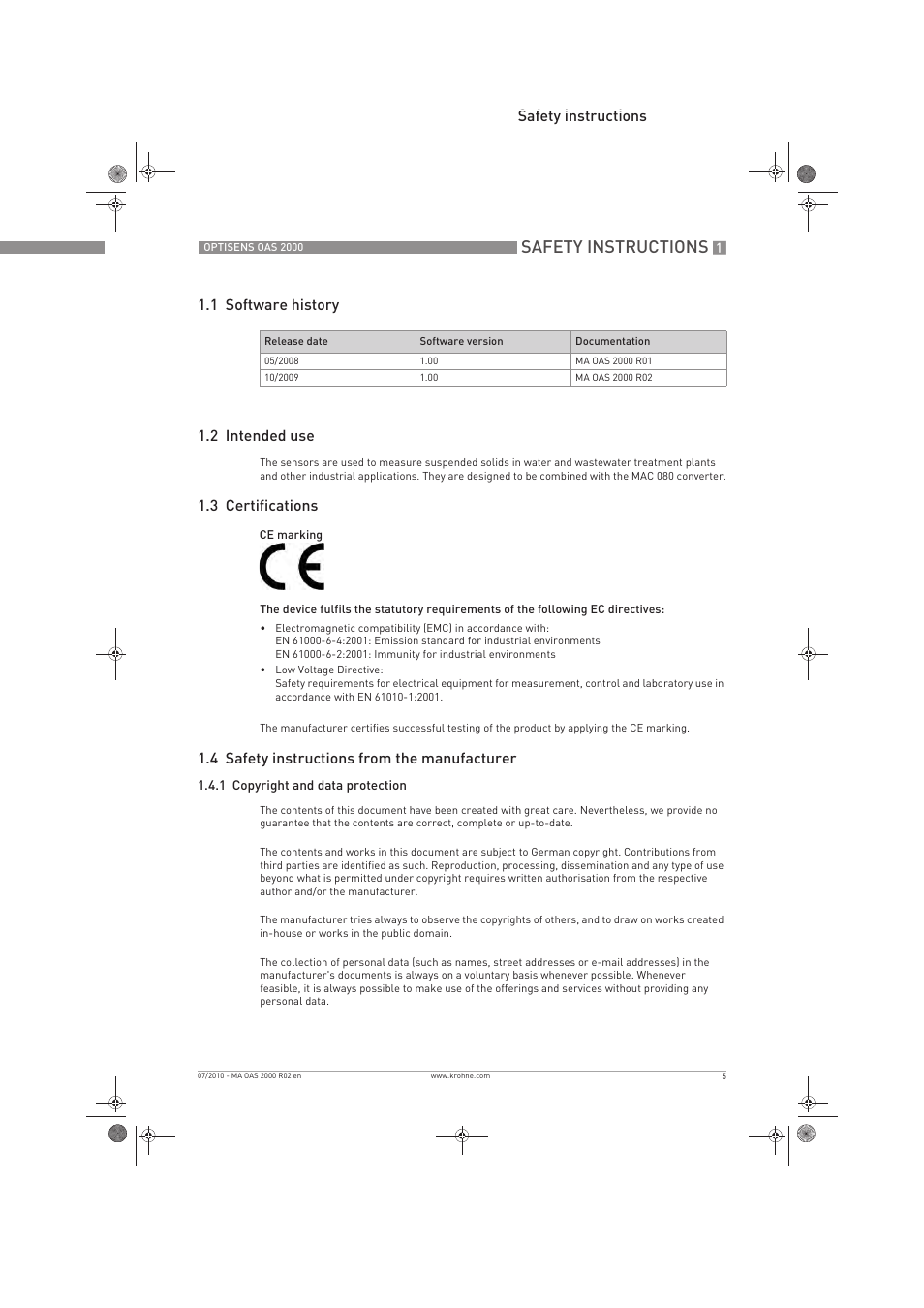 Safety instructions, 3 certifications, 4 safety instructions from the manufacturer | KROHNE OPTISENS OAS 2000 EN User Manual | Page 5 / 48