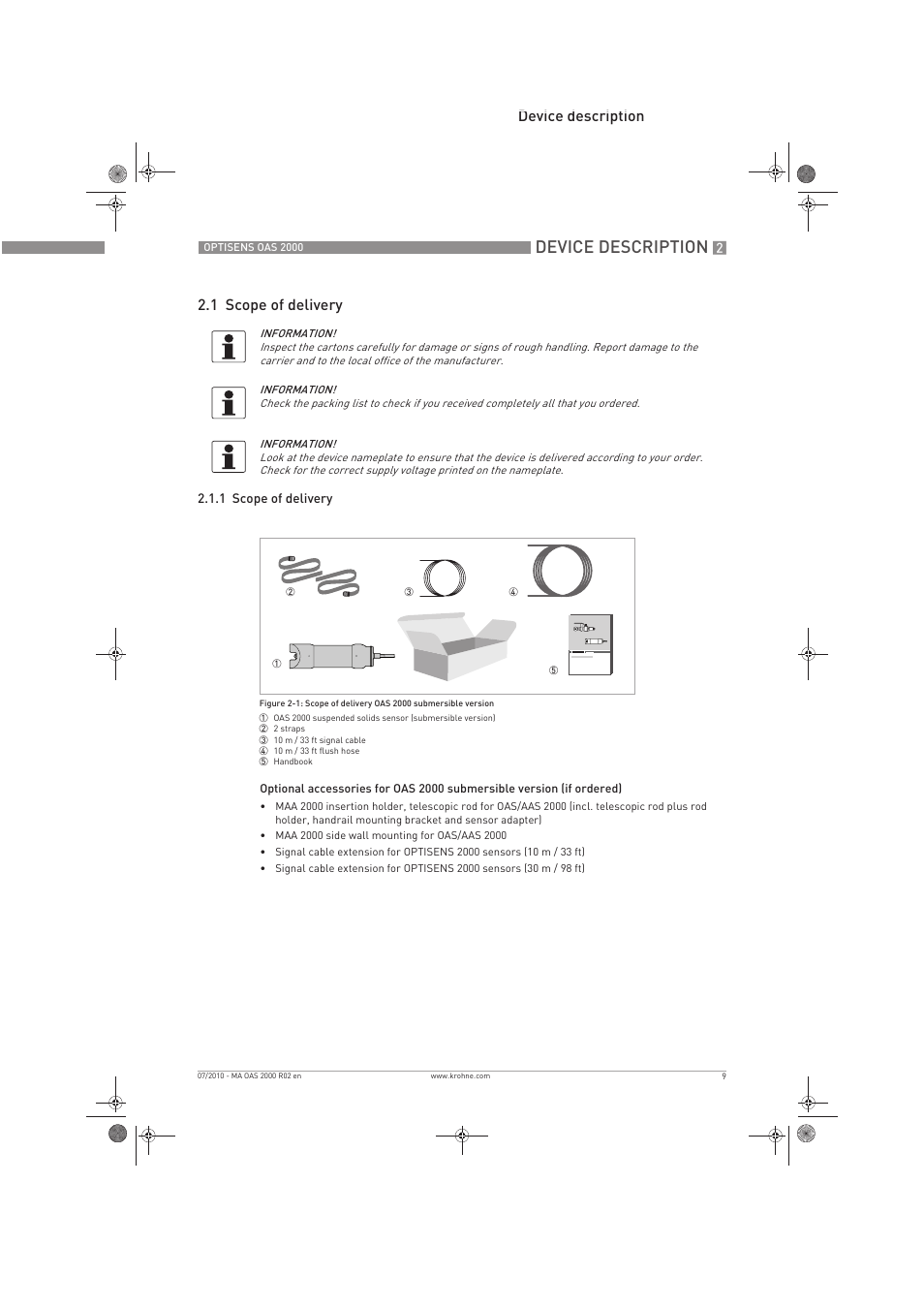 Device description, Device description 2.1 scope of delivery | KROHNE OPTISENS OAS 2000 EN User Manual | Page 9 / 48