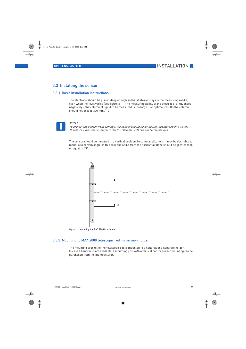 Installation, 3 installing the sensor | KROHNE OPTISENS PAS 2000 EN User Manual | Page 13 / 44