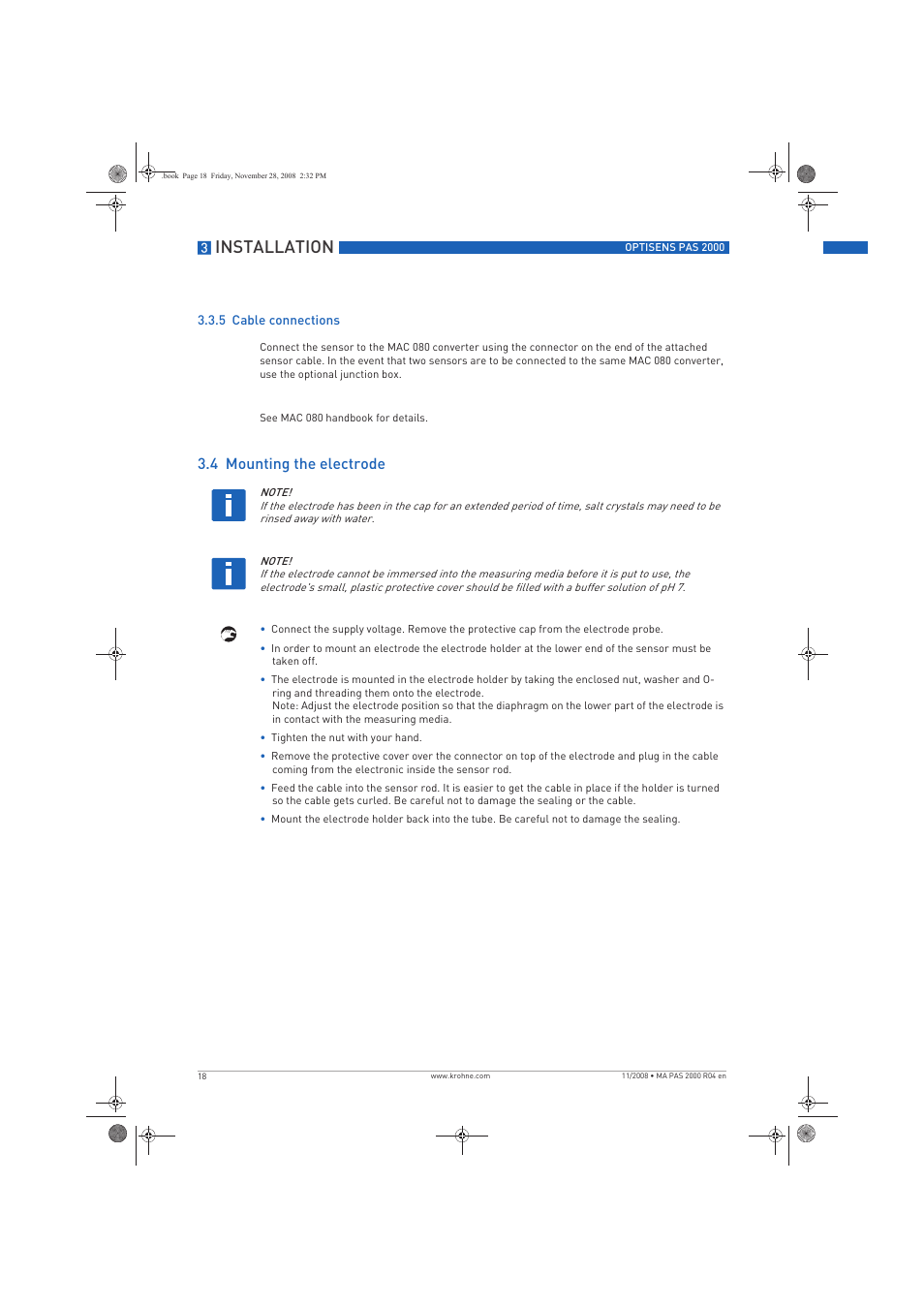 Installation, 4 mounting the electrode | KROHNE OPTISENS PAS 2000 EN User Manual | Page 18 / 44