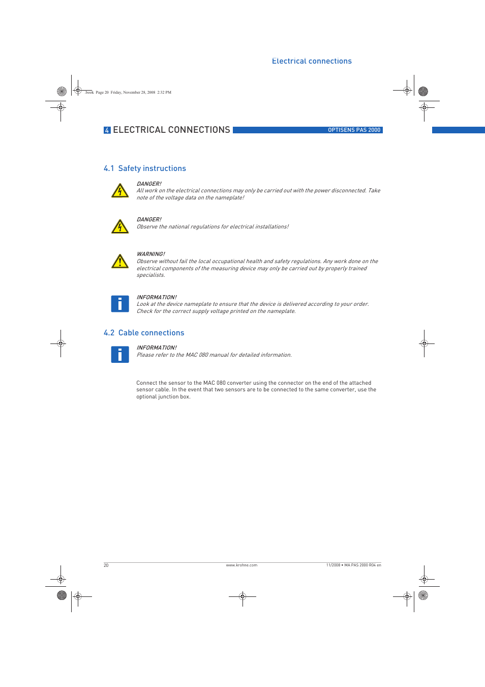 Electrical connections | KROHNE OPTISENS PAS 2000 EN User Manual | Page 20 / 44