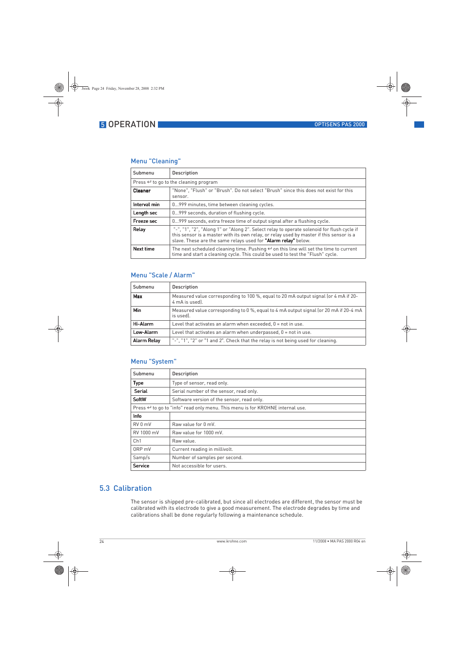 Operation, 3 calibration | KROHNE OPTISENS PAS 2000 EN User Manual | Page 24 / 44